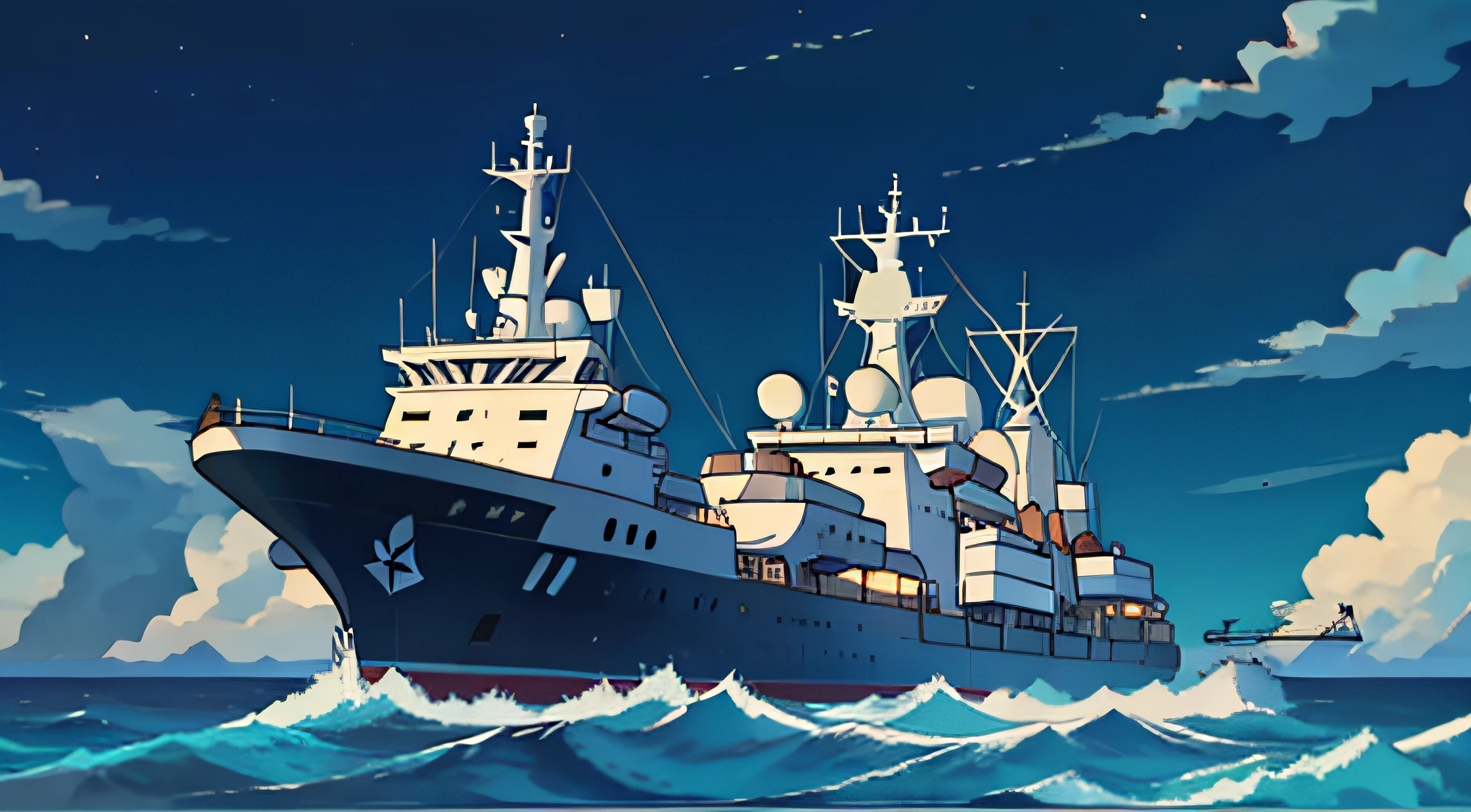In the middle of the ocean, a research ship is heading head-on