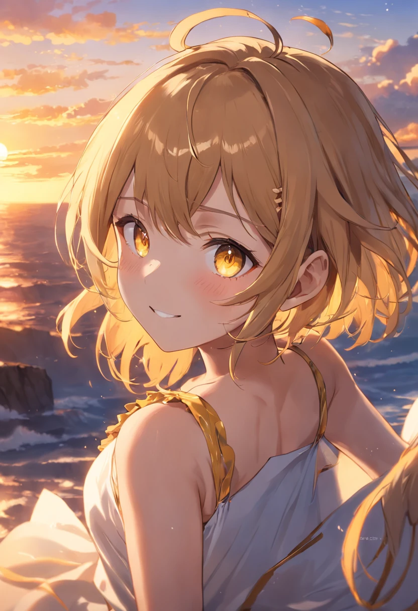 masutepiece, Best Quality,Ultra Detail, absurderes,  (Medium short hair、short braided hair),Beautiful detailed yellow eyes , (Clear department), (a panoramic view:1.3),(Sense of depth:1.5),(longshot:1.3),Smile,golden brown eyes,Ahoge、Mare、Sunset、evening glow、evening sun