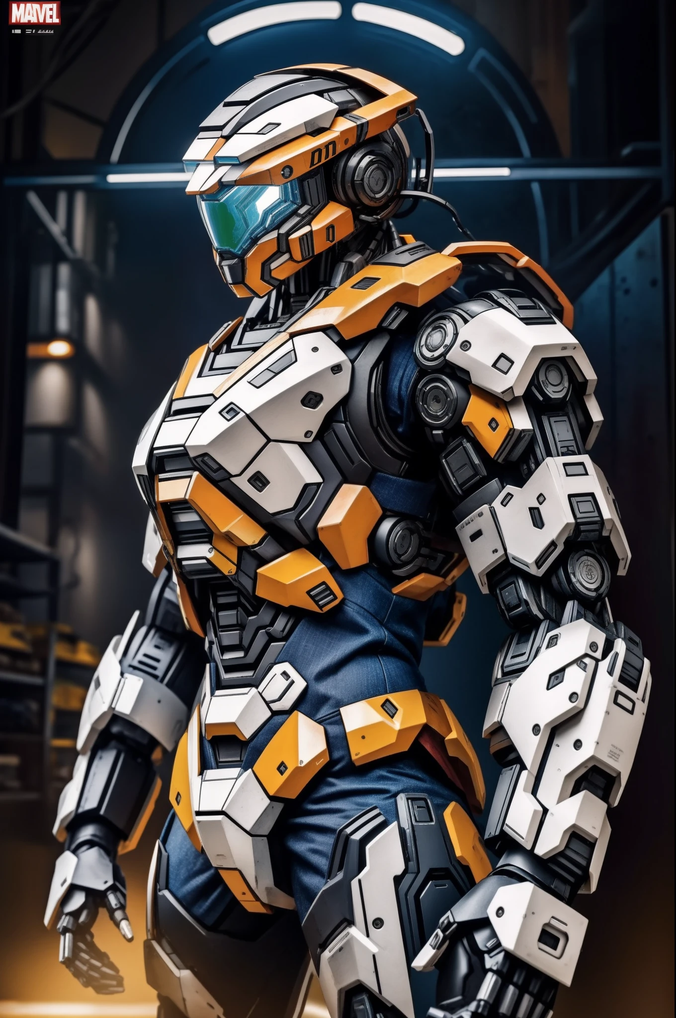 (master part, best quality), detalhes intrincados, fotografia, Realistic, Motor irreal,
Mecha, humanoid robot resembling a mix of marvel's combat machine and Halo's master chief, Robot, robot joints, Joints, capacete, armadura, Robot man, Novo, Cyberpunk Warehouse, terminais de computador, Eletricidade em arco, sp3ct4, atmosfera escura,