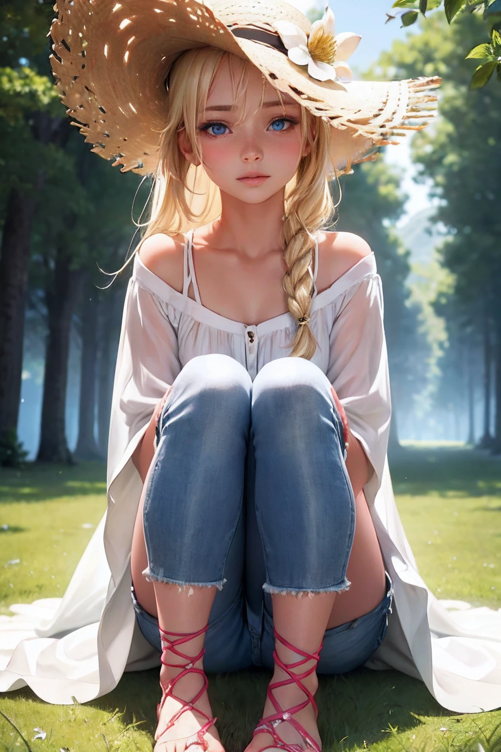 1girl, white transparent summer outfit, jeans shorts, straw hat, bare feet, blonde hair, blue eyes, full body, Style-Petal, trees background, sunny day, perfect eyes, perfect hands, ultra high res, cinematic angle, professional lighting, best quality, masterpiece, sidelighting, sharp, perfect focus, bokeh, photorealistic, (finely detailed beautiful eyes: 1.3), realistic, (3d face:1.1), (lustrous skin:1.5), (ultra high res intricate face details), (face skin pores:1.3), ultra high res cloth texture, 8k eye details, 8k pupils,