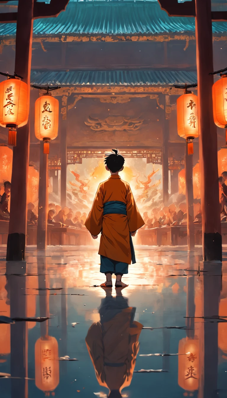 Shaolin boy in the middle of a temple, The boy is observed surrounded by several monks and in the middle his teacher is observed