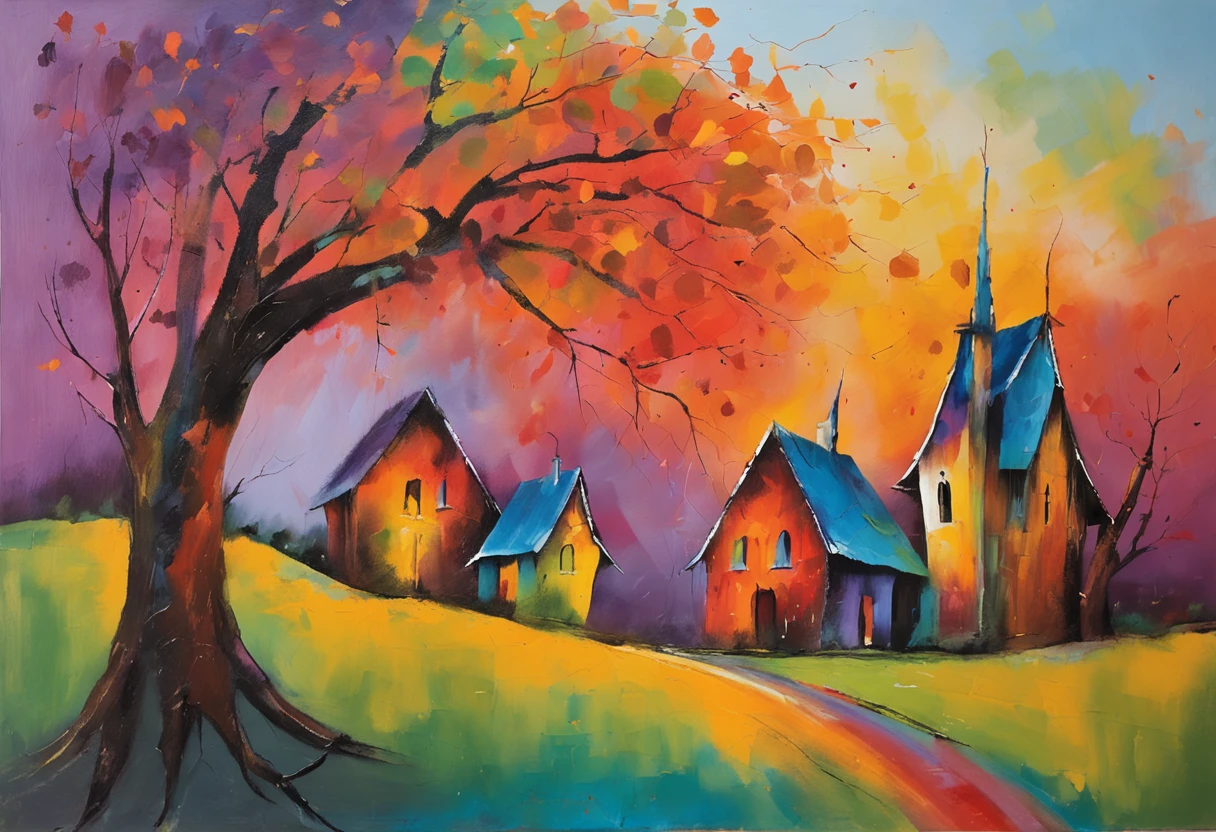 "A towering tree with vibrant rainbow-colored leaves, casting its majestic shadow over an enchanting fantasy village."