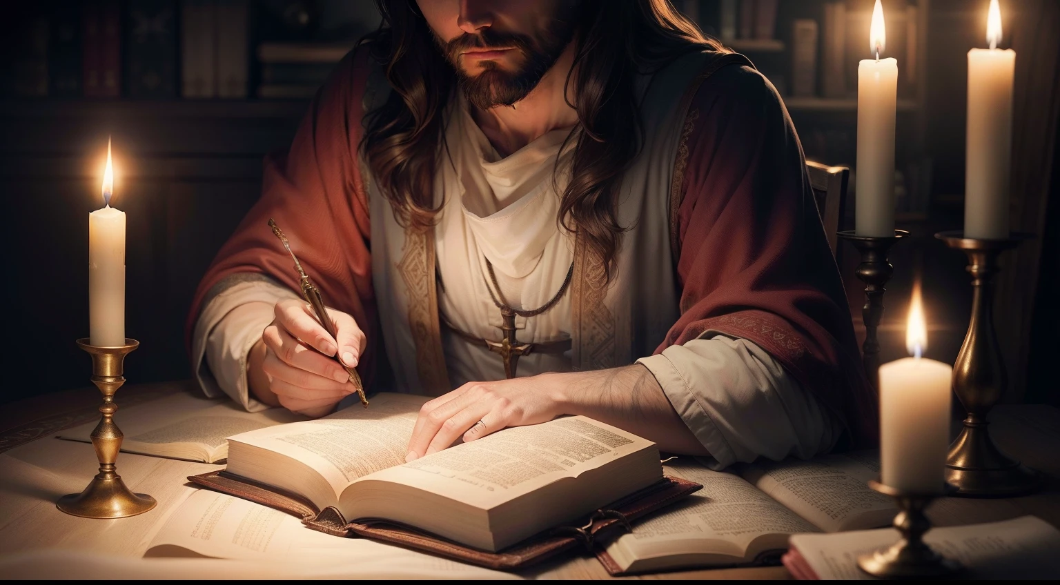 JESUS ​​READING THE BIBLE IN PSALMS ON AN ANTIQUE TABLE WITH CANDLE LIGHT ULTRA REALISTIC 4K