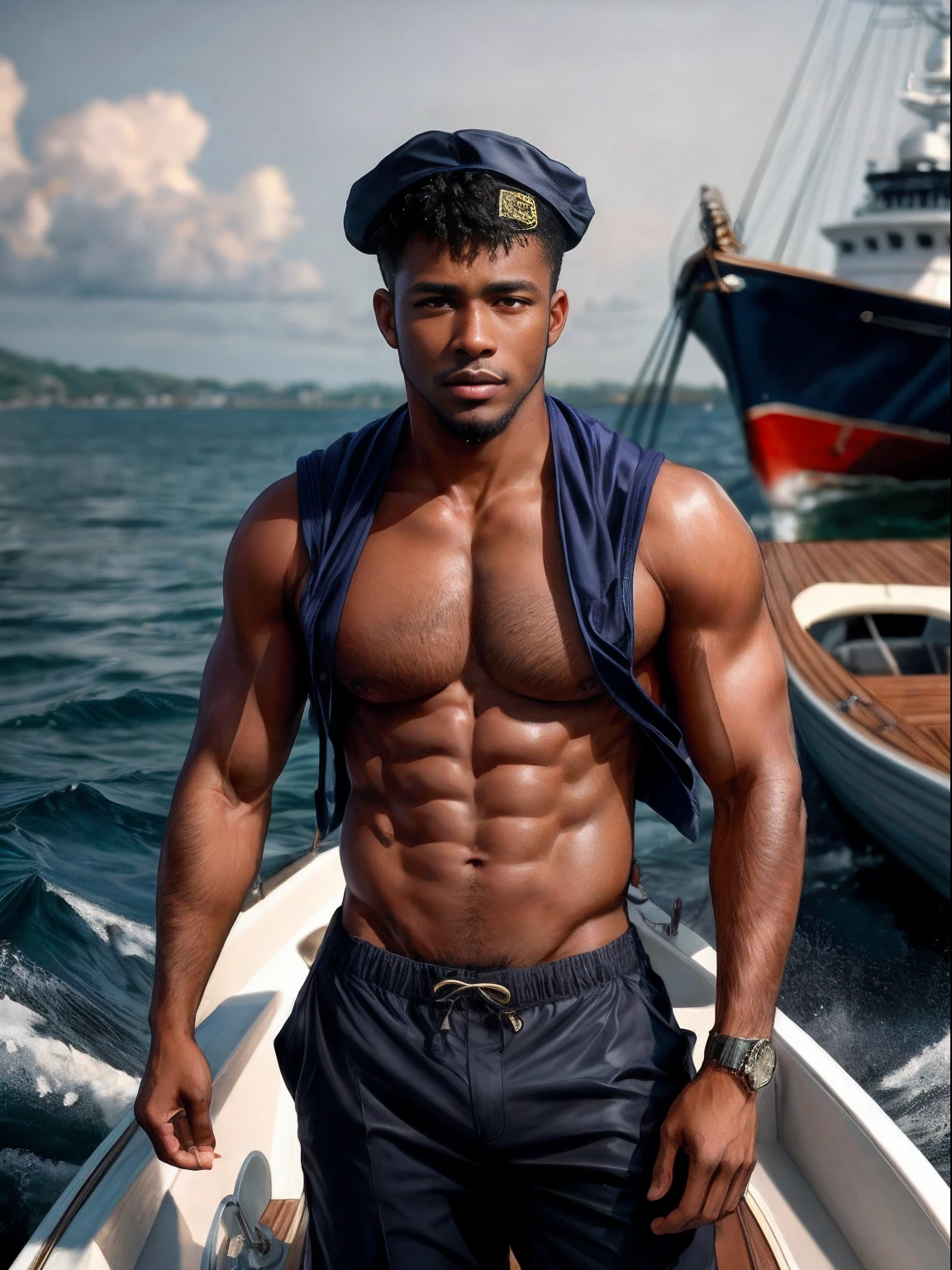 masterpiece, best quality, high resolution, closeup portrait, male focus, solo focus, a black man, dark skin, with sailor pants, with sailor clothes, bare chest, body hair, facial hair, muscular, sailor hat, in the background a boat, amazing composition, front view, HDR, ultra quality, elegant, highly detailed