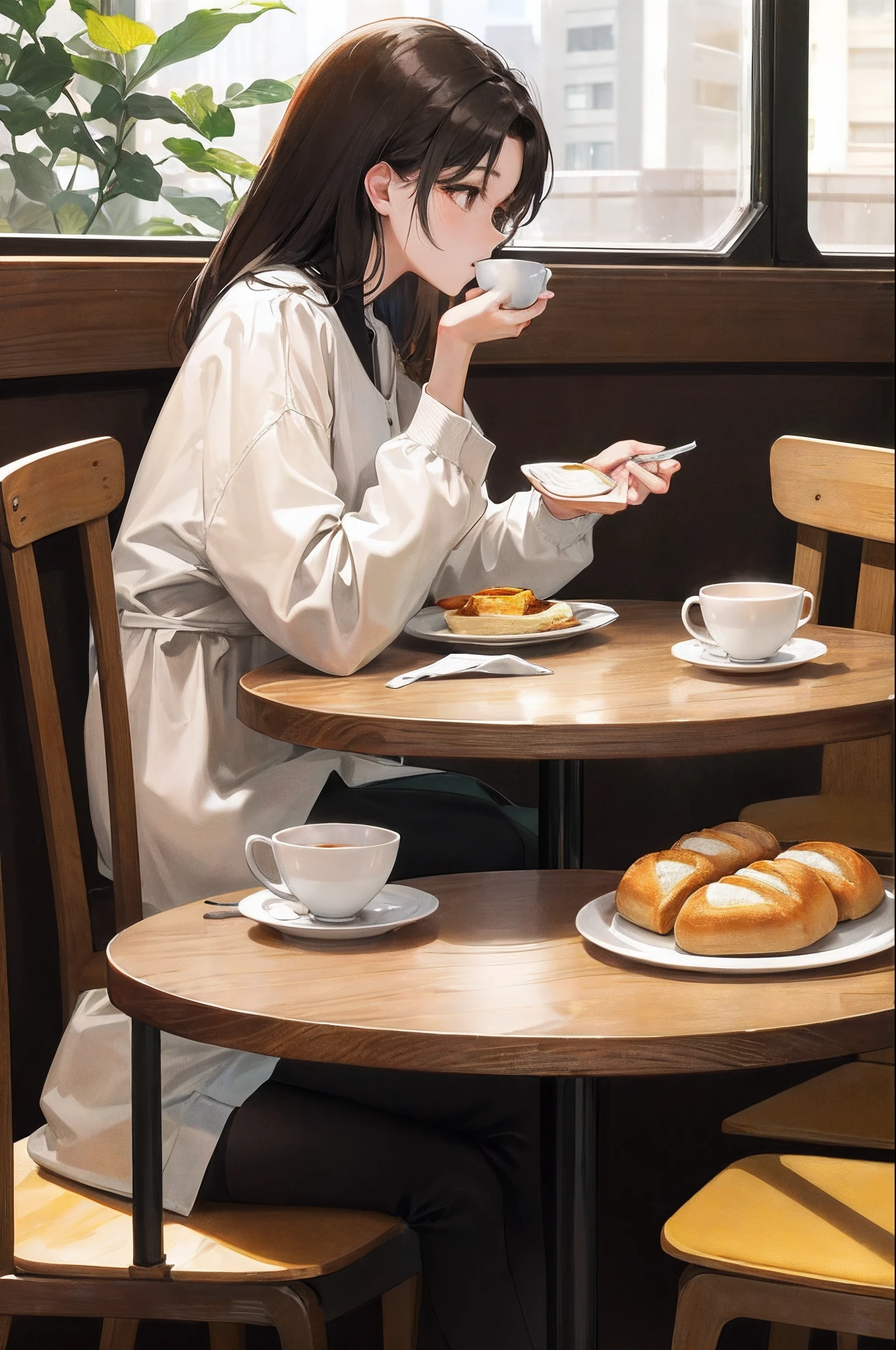 Sunny morning,16:9 Coffee Shop Middle-aged lady sitting at the dining table eating breakfast,kawa 、Dress modestly、There is bread,Long black hair ,1 person and Black Tang dog