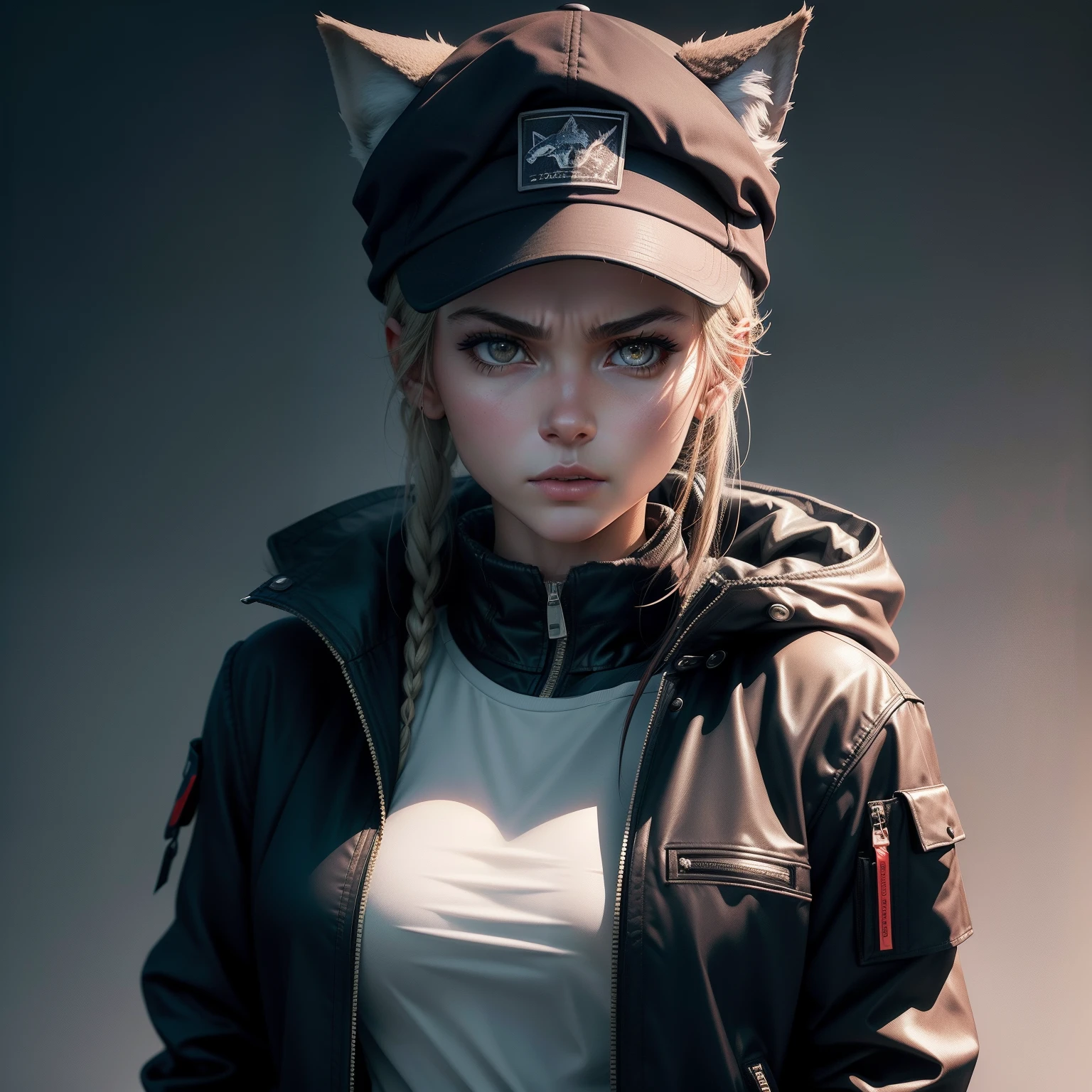 "Illustrate an image of a girl standing with a cold demeanor and sharp gaze. The girl is wearing a plain cap, sporting a distinctive wolf cut hairstyle, and also donning a jacket. Ensure that this image is exceptionally realistic, capturing every detail with precision to create a lifelike depiction, showcasing both the elegance and strength in her appearance."