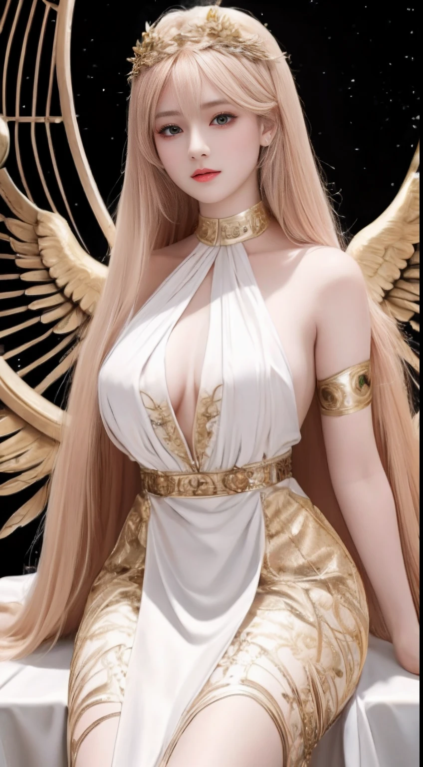 Ultra-realistic 8K CG, Perfect face, Perfect, clean, masutepiece, Professional artwork, famousartwork, Perfect face, Beautiful face, Beautiful eyes, Golden Cleric Suit, Lace, Open-breasted, Beautiful golden clothes, gold wings, Delicate pattern, Sitting, Fascinating, Galactic Background, Big moon in the back, Flapping wings、angelicales