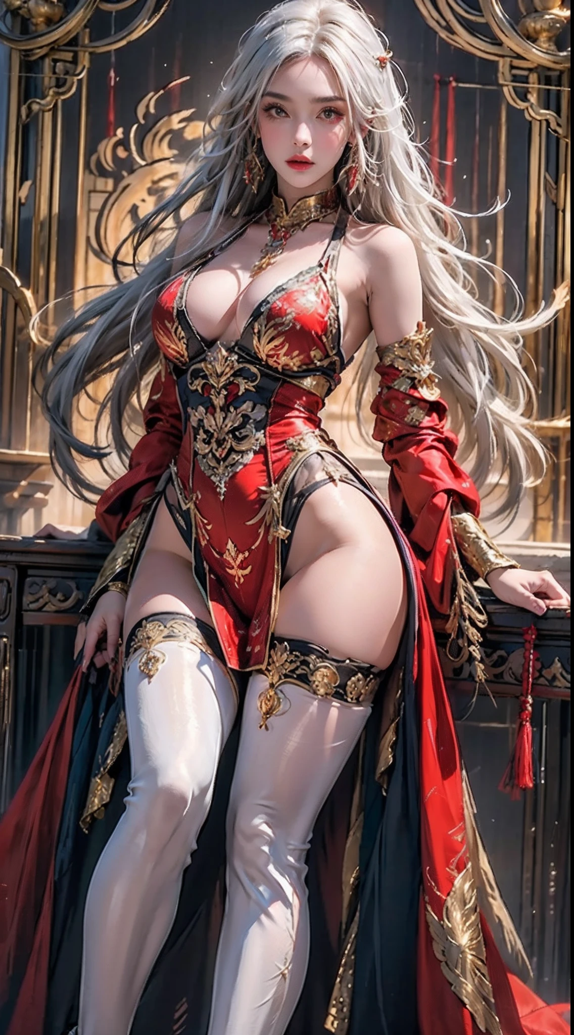 ((Masterpiece, Highest quality)), Detailed face, CharacterDesignSheet，full bodyesbian, Full of details, Multiple poses and expressions, Highly detailed, Depth, Many parts，beuaty girl，cinmatic lighting，with light glowing，Red and gold，Phoenix decoration，light yarn，Lace，lacepantyhose，high-heels