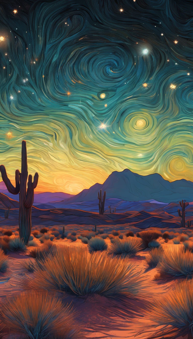 "A mesmerizing and ethereal, Van Gogh-esque rendition of a starry night sky illuminating a serene and undulating desert landscape."