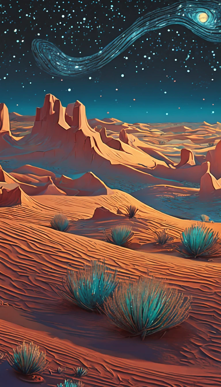 "A mesmerizing and ethereal, Van Gogh-esque rendition of a starry night sky illuminating a serene and undulating desert landscape."