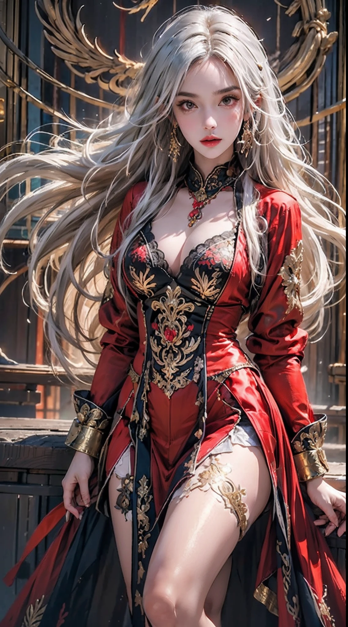 ((Masterpiece, Highest quality)), Detailed face, CharacterDesignSheet,full bodyesbian, Full of details, Multiple poses and expressions, Highly detailed, Depth, Many parts,beuaty girl,cinmatic lighting,with light glowing,Red and gold,Phoenix decoration,light yarn,Lace,lacepantyhose,high-heels