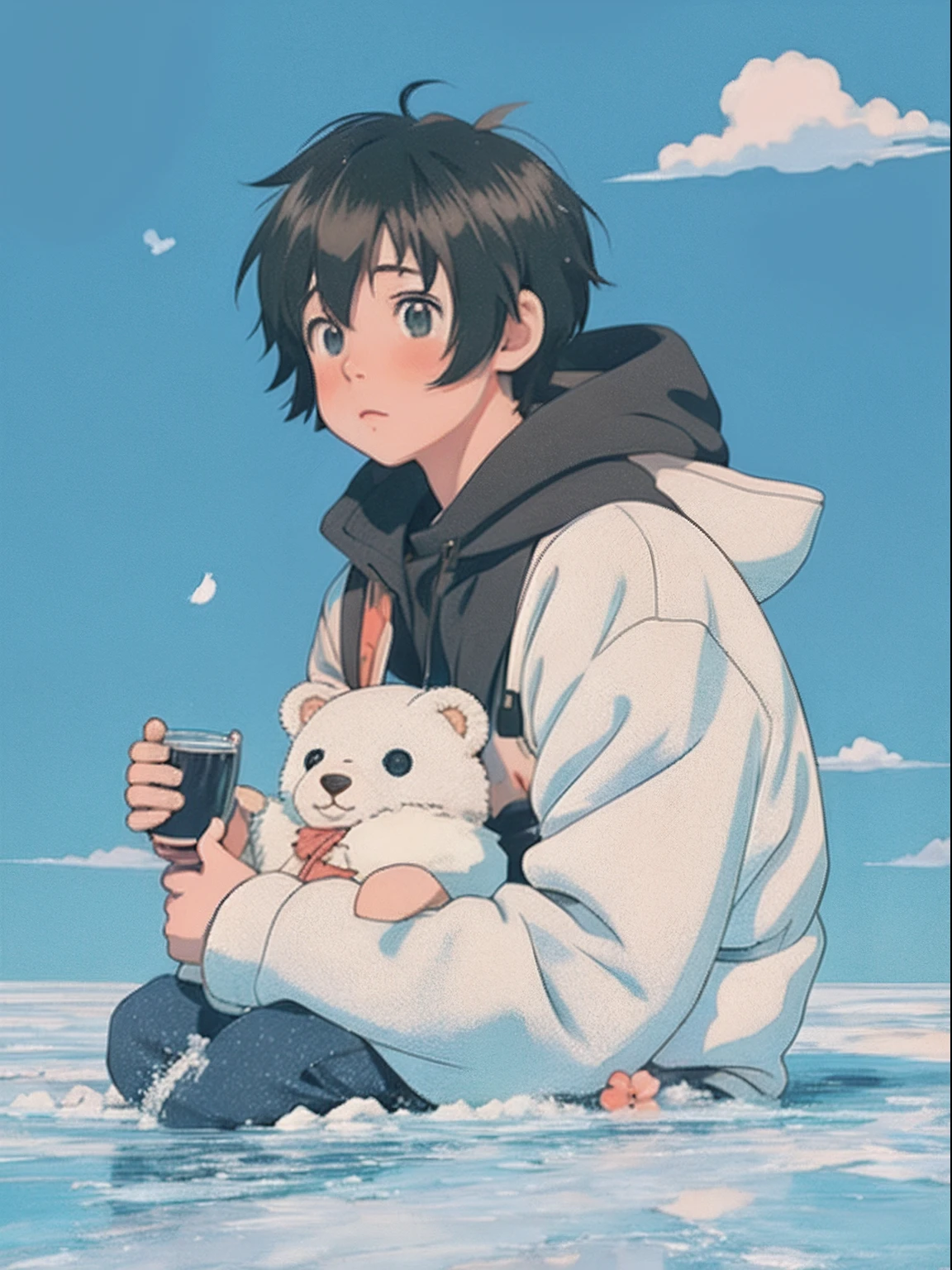Anime boy with stuffed doll bear,polar region,Thick snow,ice cubes,lovely art style,Loepfe Art Style,Cute detailed digital art,animeaesthetic,Cute anime,High quality anime art style,Anime boys,Anime art style,Lovely detailed artwork,Soft anime illustration,lofi-girl,lofi aesthetics,Lofi art,lo fi,cute artwork,High-quality doujin art,illustrated anime