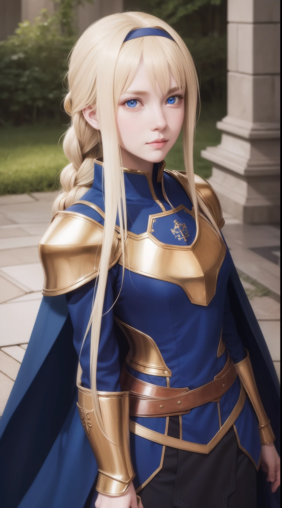 alicezuberg, alice zuberg, bangs, blue eyes, blonde hair, hair between eyes, very long hair, braid, hairband, white hairband,,
BREAK dress, cape, armor, blue dress, shoulder armor, gauntlets, pauldrons, breastplate, armored dress, faulds, blue cape, knight, gold armor, body armor,,
BREAK outside, forest,
BREAK looking at viewer, BREAK (masterpiece:1.2), best quality, high resolution, unity 8k wallpaper, (illustration:0.8), (beautiful detailed eyes:1.6), extremely detailed face, perfect lighting, extremely detailed CG, (perfect hands, perfect anatomy),