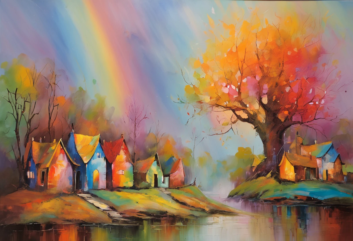 "A towering tree with vibrant rainbow-colored leaves, casting its majestic shadow over an enchanting fantasy village."