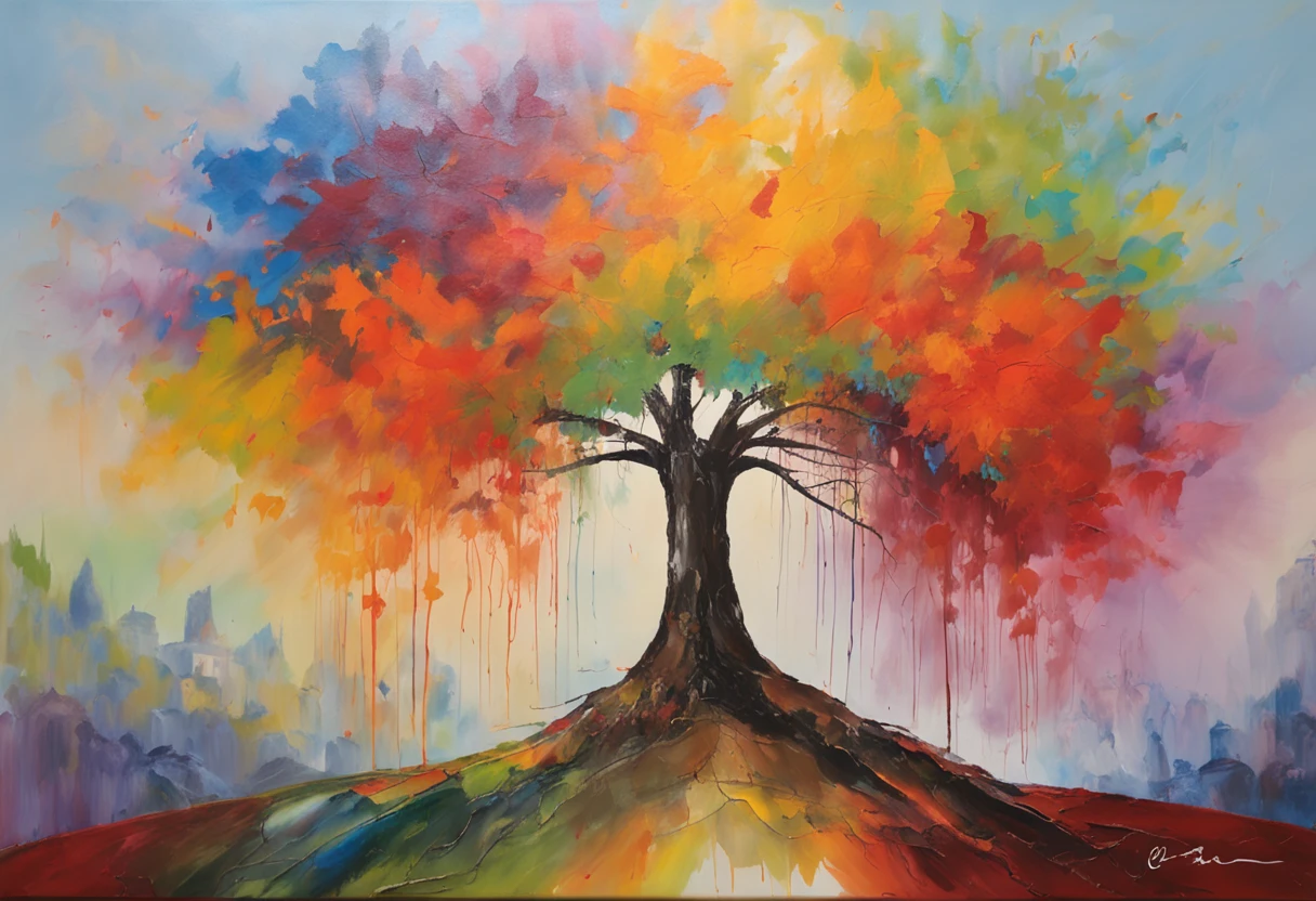"A towering tree with vibrant rainbow-colored leaves, casting its majestic shadow over an enchanting fantasy village."