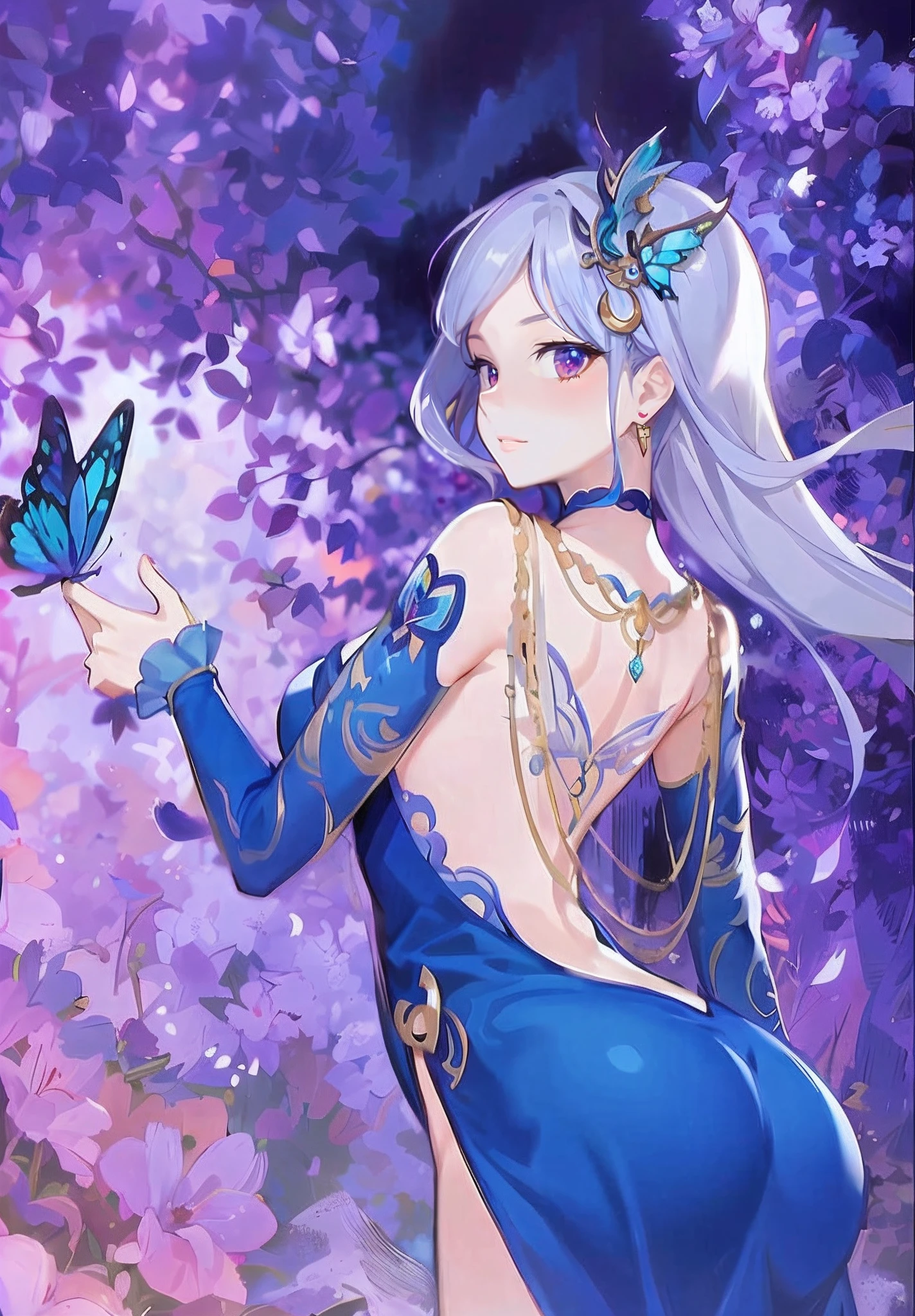 tmasterpiece,HighestQuali,Anime girl with butterfly in hand and butterfly in hand, beautiful fantasy anime, ((a beautiful fantasy empress)), a beautiful fantasy empress, beautiful and seductive anime woman, Beautiful anime woman, Anime fantasy artwork, Anime fantasy illustration, Beautiful anime artwork, Detailed key anime art, 8K high quality detailed art, Keqing from Genshin Impact, Anime goddess, Beautiful anime art