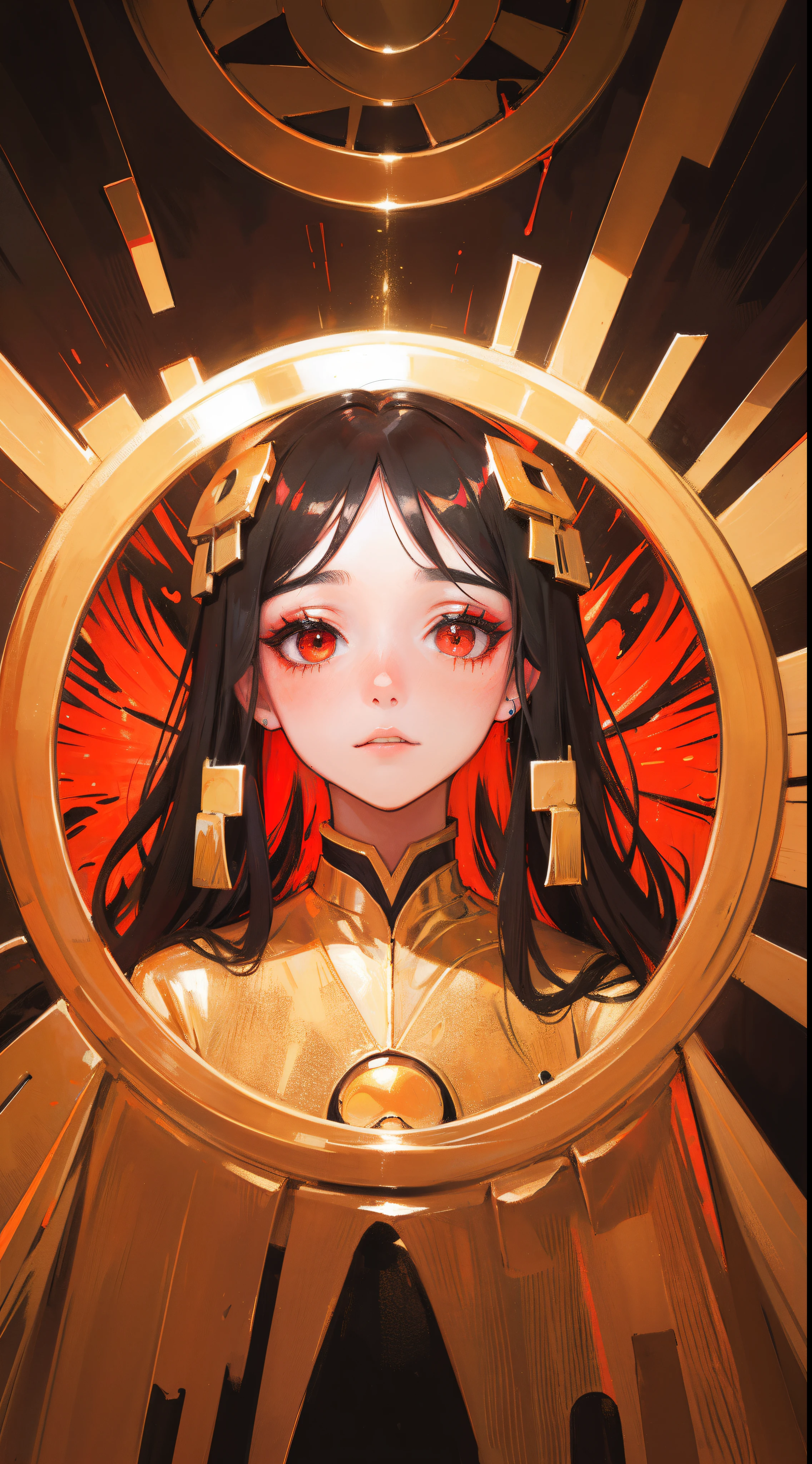 portrait underwear godess , birds, melting makeup, black scares,gold, geometric, klimt. Red fire