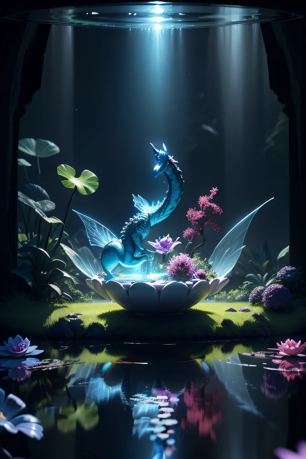 a dragon,Masterpiece,((Clean glass,Shine:1.2,(Transparent:1.3),The sheen)),Best quality,( pixar-style :1.4),(In a cave, At night, Surrounded by glowing plants, Flowers, Flying fireflies, bonfires)(Ultra detailed, Aesthetic, Beautiful composition, rich in bright colors, volumetric soft light)4K,Reflection in the water,water ripple Inspired by Alice in Wonderland, magic, Fairy tales. unreal-engine, rendering by octane, cuteness render, a 3D render,Adobe Photoshop, Awesome beauty