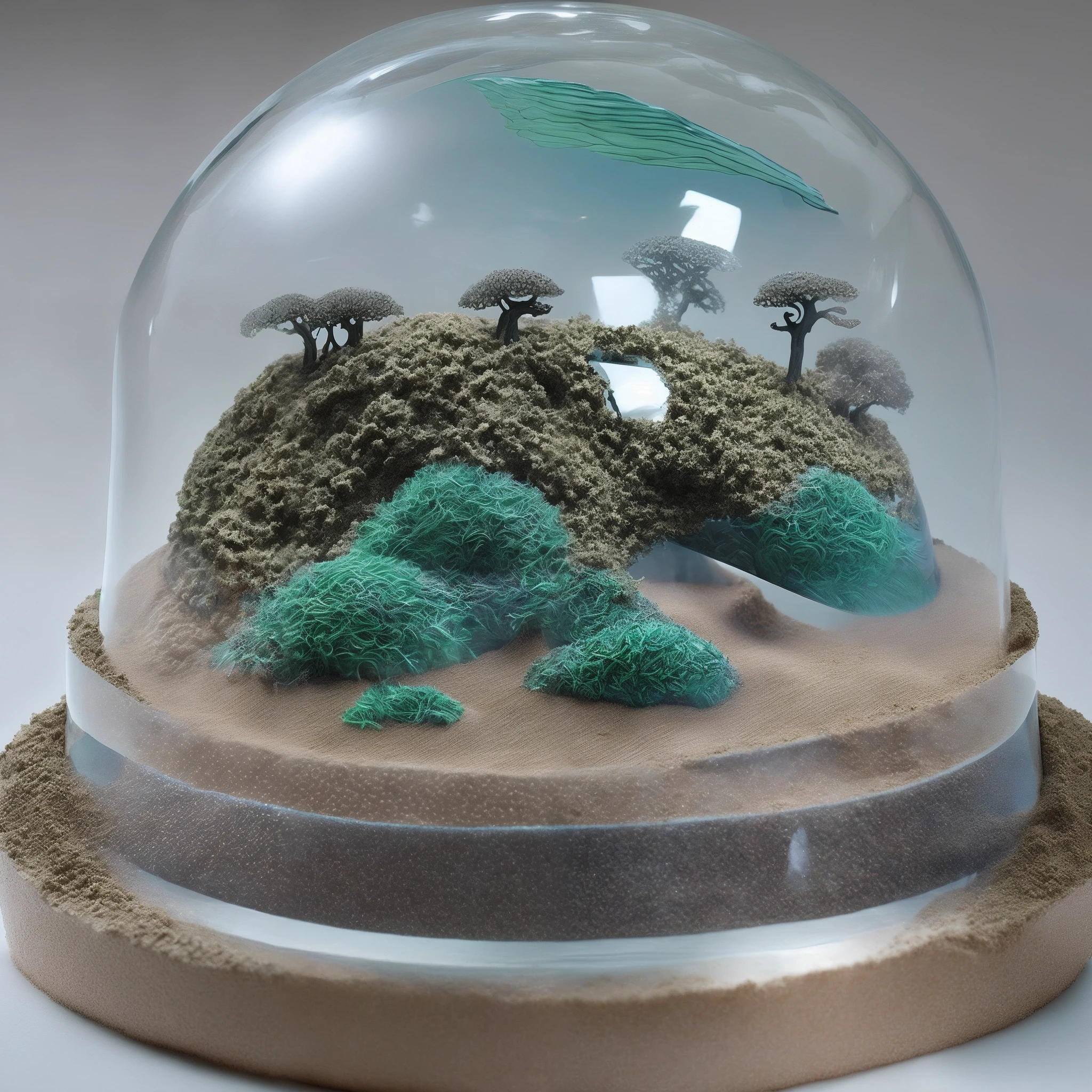 blue and green、Anthill in the form of sand art under transparent glass dome of silver and charcoal color