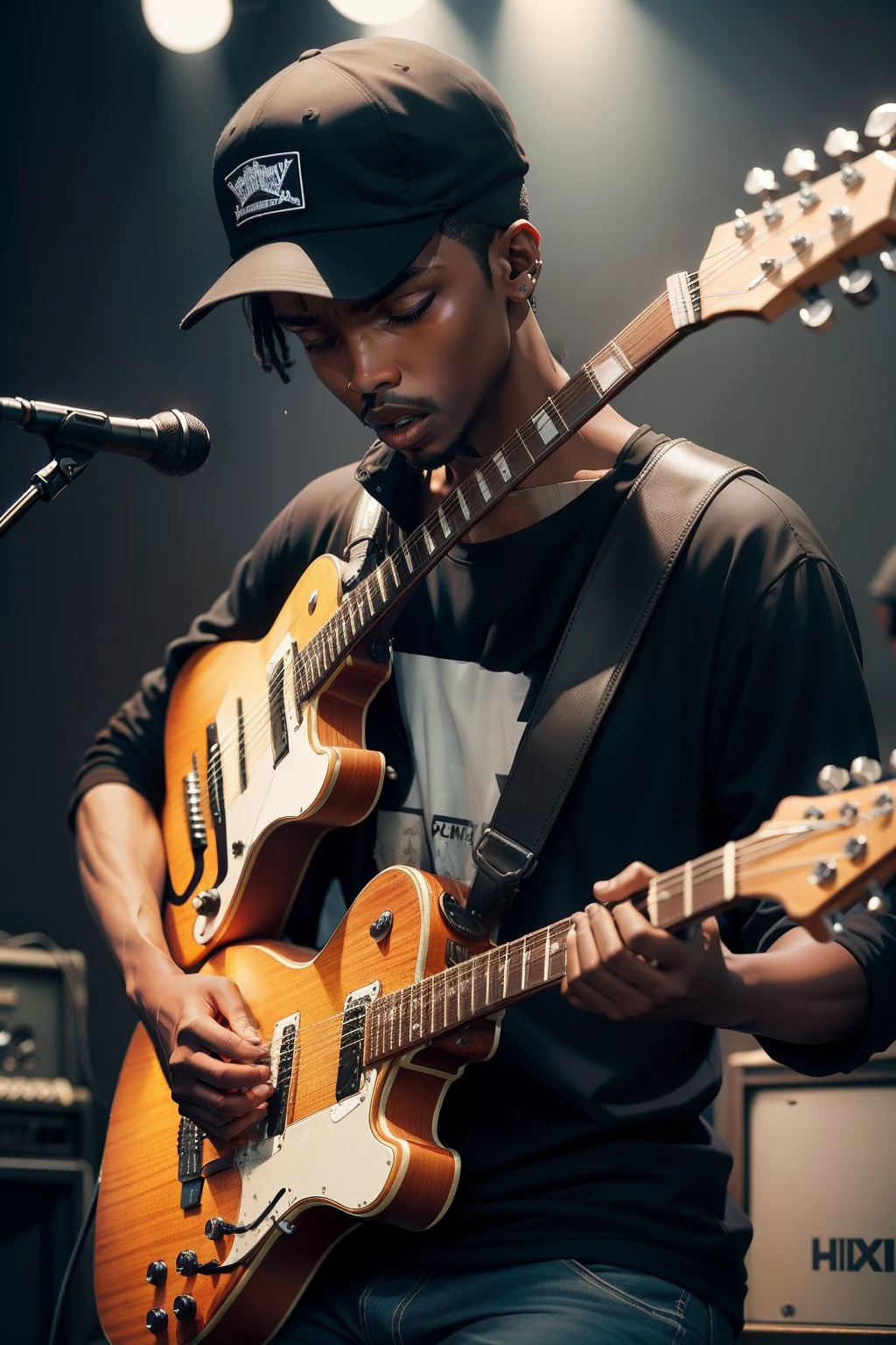 One holding a guitar，Negro in a cap，is singing with his head down