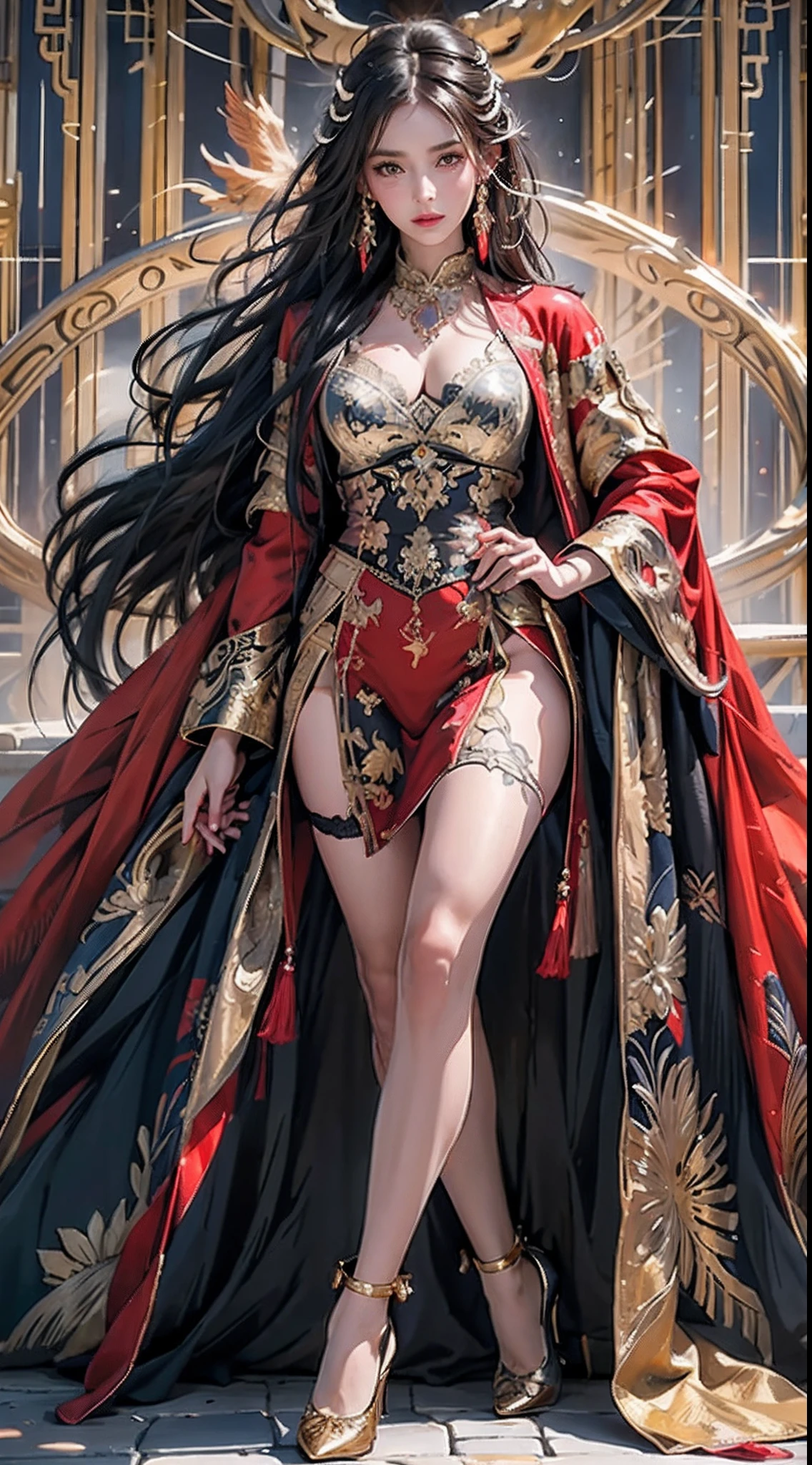 best quality (4K, high resolution, masterpiece:1.2), ultra-detailed, realistic (photo-realistic:1.37), Seraphina, the Inquisitor Rising Star of the Holy Order, ((full body portrait)), ((standing powerfully)), ((wearing elaborate and provocative white and red warrior nun outfit), (reveal cleavages), commanding yet alluring gaze, ((intense blue eyes)), (flowing long fiery brunette hair), intense and determined aura with a hint of divine force, (( white and red color scheme)), (exceptionally detailed:1.3), super finely detailed and clawed hands, ultra finely detailed fingers (ten fingers), ((suggestive and intimidating posing)), ((full body showcase)), no logos in the background.