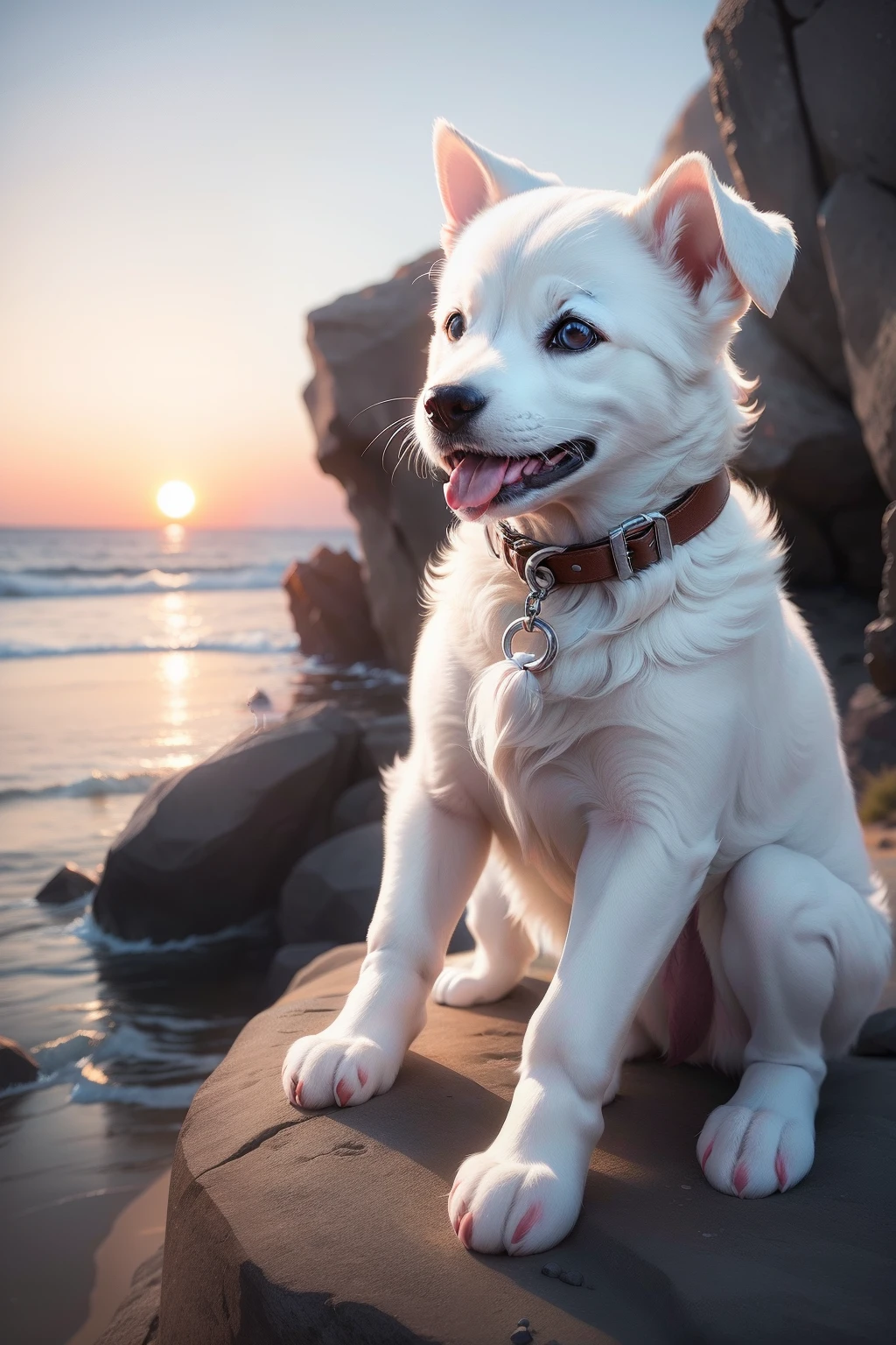 A cute white puppy，Sticking out your tongue，Sit by the big rock，Watch the sunset