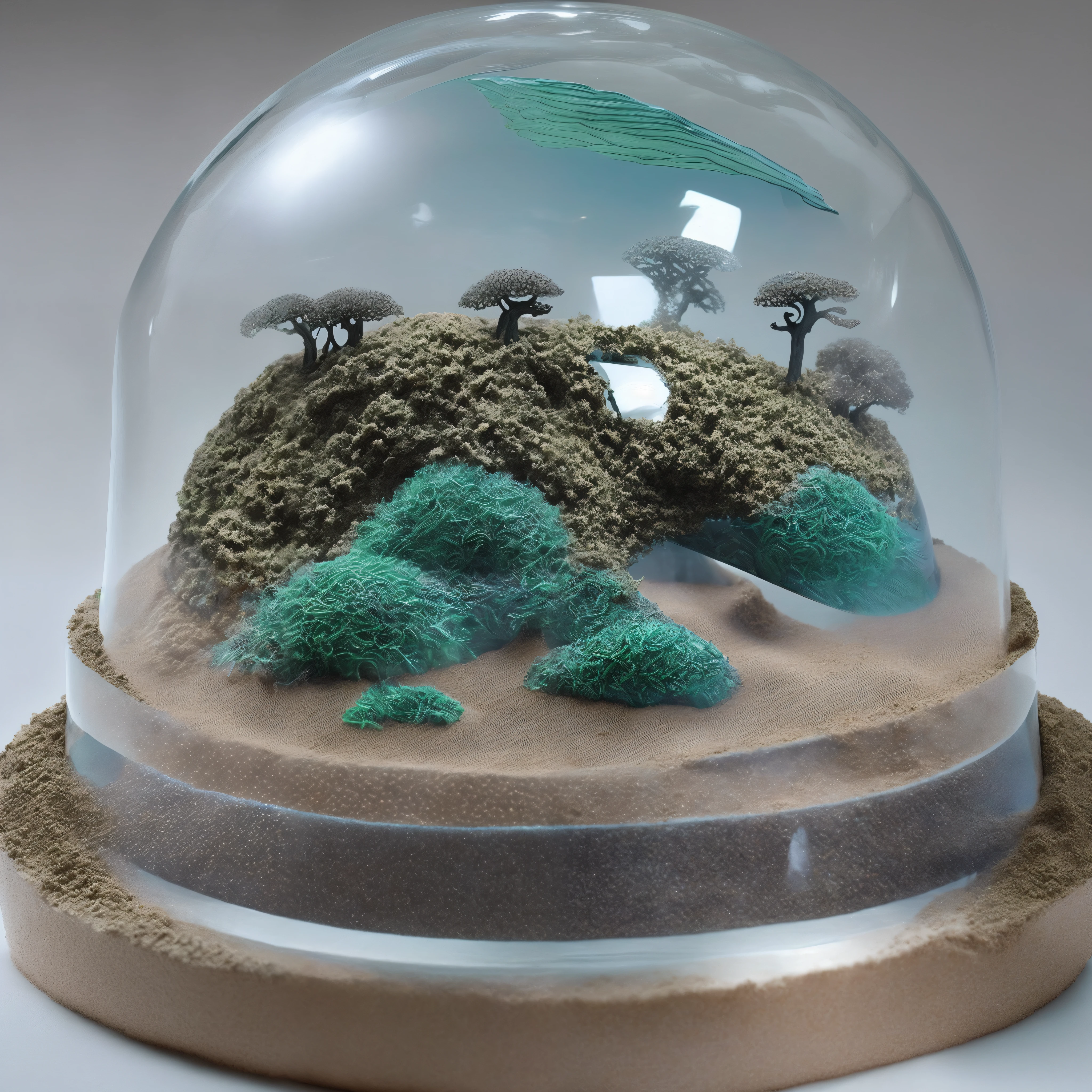 blue and green、Anthill in the form of sand art under transparent glass dome of silver and charcoal color