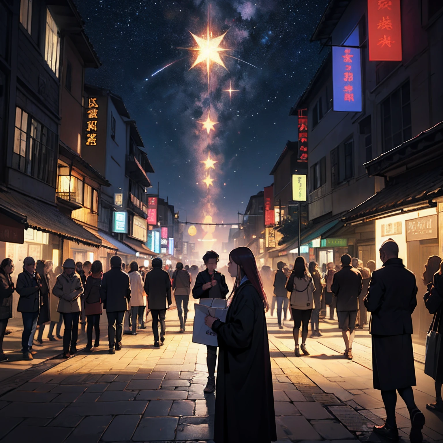 a crowd, contemplating the direction of the camera, com um olhar determinado, surrounded by a tranquil atmosphere as people watch the camera with anticipation, ,No Estilo das Estrelas Grupo de Arte Xing Xing, 32k, melhor qualidade, master part, super detalhe, detalhes altos ,