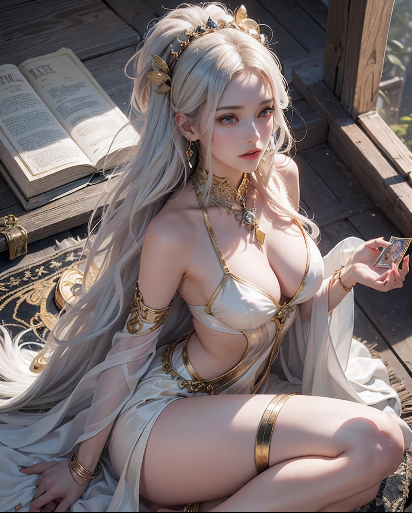 (Extremely detailed+Ultra-realistic) esoteric+Gypsy Sorceress Casting Tarot Cards、Angle from above the knee、Breasts are small and B size、A slender、Cleavage is visible。legs are thin and beautiful,the skin is white and transparent,Hair is shortcuts and shortcuts、Gradient Color、high-heels、Gold Anklet、