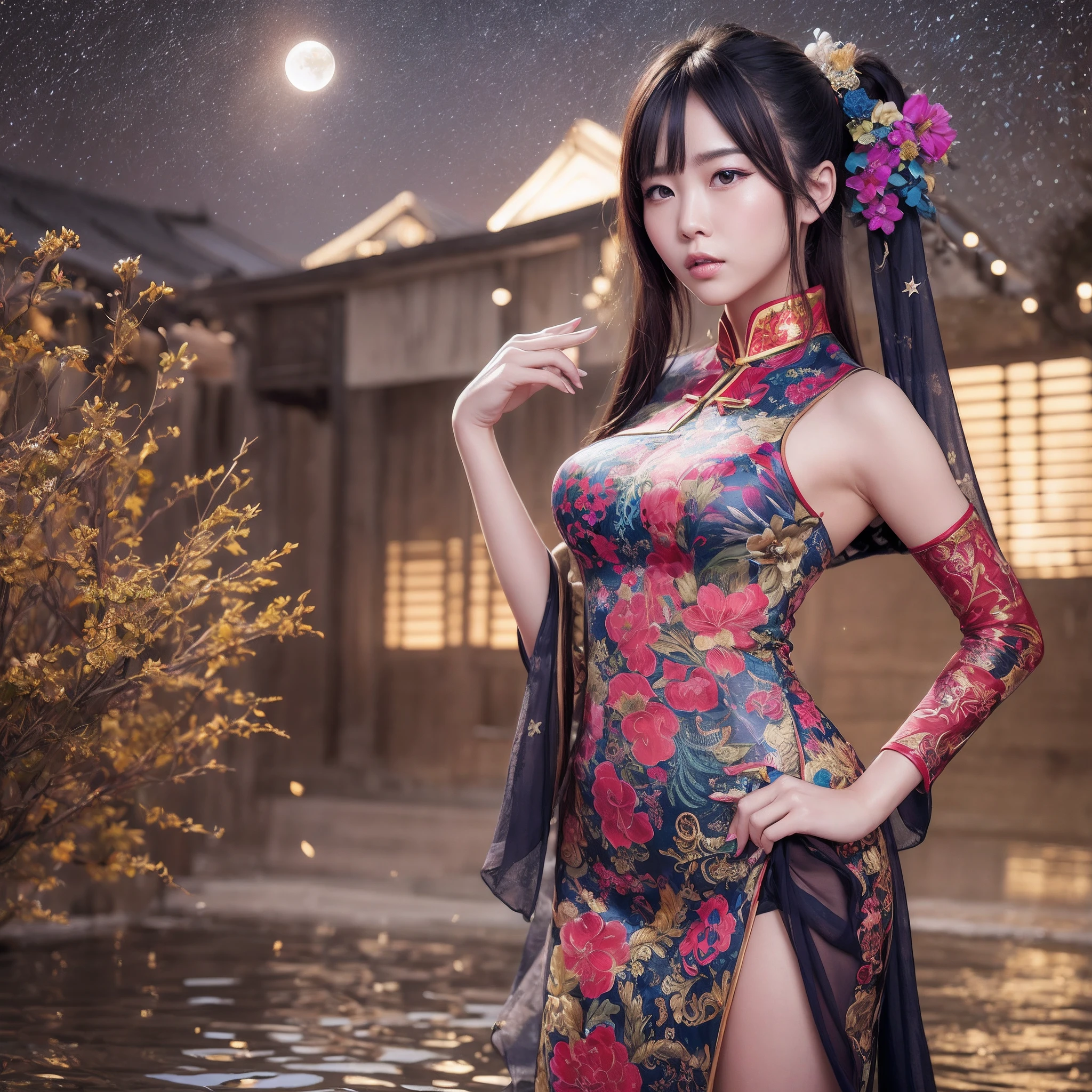 ((ExtremelyDetailed (Taiwanese betel nut seller:1.37))), (masterpiece 8K TopQuality) (ProfessionalPhoto:1.37), {(Standing Full Body:1.2)|(from below:1.2)}, Different types of hair colors, {Detailed Childish hand|Hidden hand|Armpit|Different types of breasts of various sizes from HUGE to FLAT|(Clearly Visible the shape of Butt)}, Joyful Expressions LifeLike Rendering, PerfectLighting, (Starry IridescentParticles:1.32) ColorfulClouds, see-through leotard