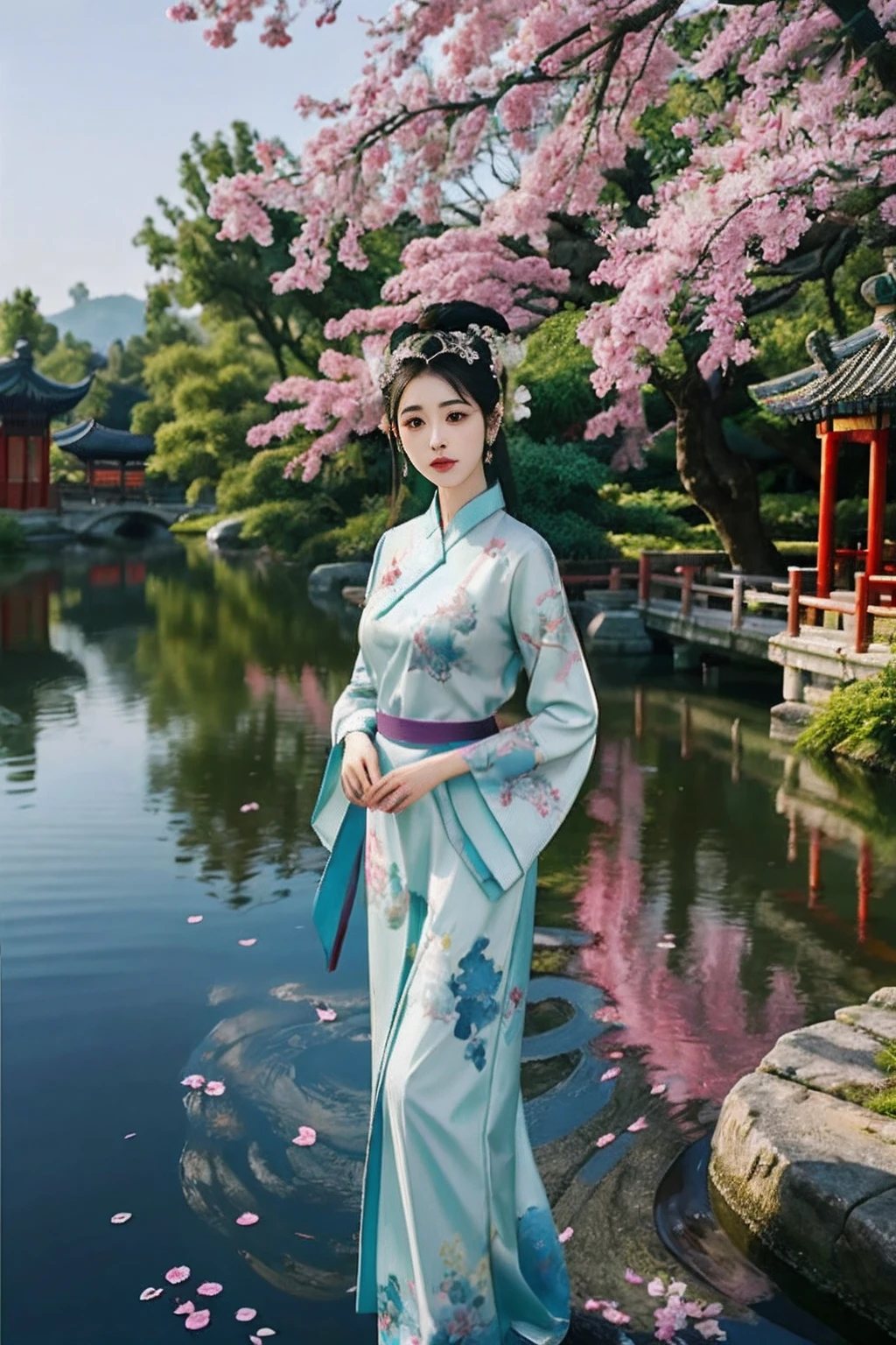 An ancient Chinese beauty standing by the river，中景 the scene is，Wear ancient Chinese clothing，Flowing tulle silk，（Detailed and perfect facial details），（Beautiful and affectionate eyes），Flowing silky hair，Pavilion，the trees，Flying birds，The vista is mountains，Ink painting style，Clean colors，Decisive cut，Leave white space，impressionistic，tmasterpiece，（8k wallpaper），（Extremely meticulous and perfectly detailed painting），Epic composition，high high quality，HighestQuali，Master works of painting，realisticlying，Inspired by：《Suzhou Garden》，Ray rendition