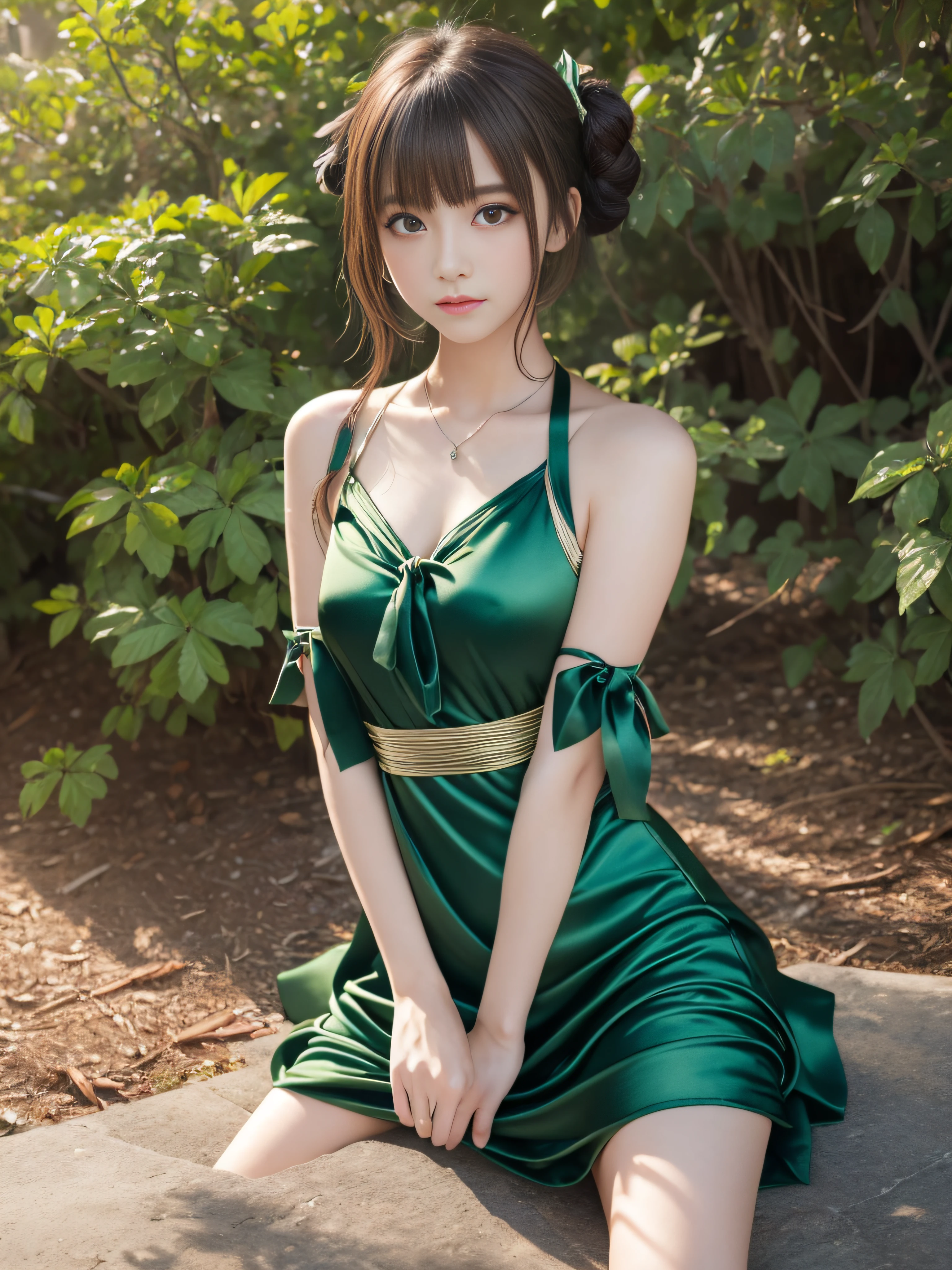 Hair UP、Best Quality, 超A high resolution, (Photorealistic:1.4), ultra-detailliert, masutepiece, (8K, Raw photo, Best Quality , :1.2), female pervert，，White skin，Middle eye，Bangs，Short brown dango hair，‎Classroom，（High school seniors），Double eyelids，Legs，Bottomless，Round face，Colossal tits，(Green Satin Dress and Ribbon Pull Up:1.4)，Ren Hao、Gothic lolita、Ren Hao、authentic，hair pin、a necklace、Sunlight，Flowing hair，photorealistic photos，Lifelike face，Features，Delicate face，Delicate figure，hightquality，Real Human Skin，Girl Who Uses Magic、Bright light、Mesh hair、Large hair ornament、tre anatomically correct