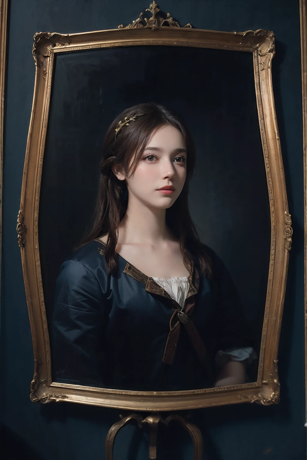 A painting of a woman in a blue dress is shown in a gold frame - SeaArt AI
