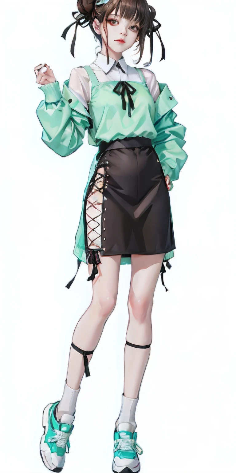 Anime girl posing for photo in green shirt and black skirt, girls frontline style, from girls frontline, Fine details. Girl Front, anime full body illustration, render of april, Girls Frontline CG, Kantai collection style, Full body illustration, official character art, e - girl, E-Girl, demon slayer rui fanart, detailed anime character art, made with anime painter studio