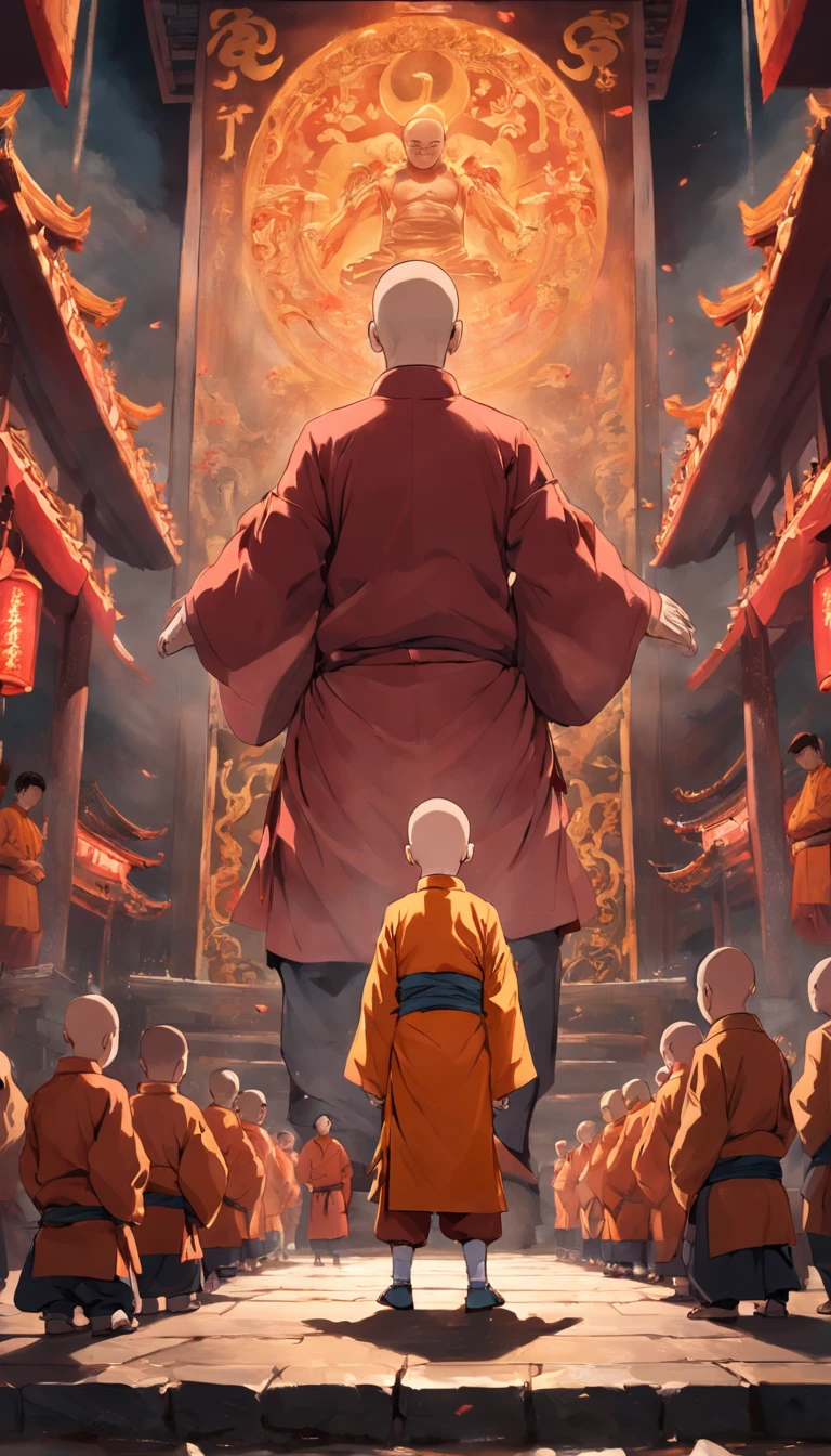 Bald Shaolin Child, en medio de un templo, The boy is observed surrounded by several monks and in the middle his teacher is observed
