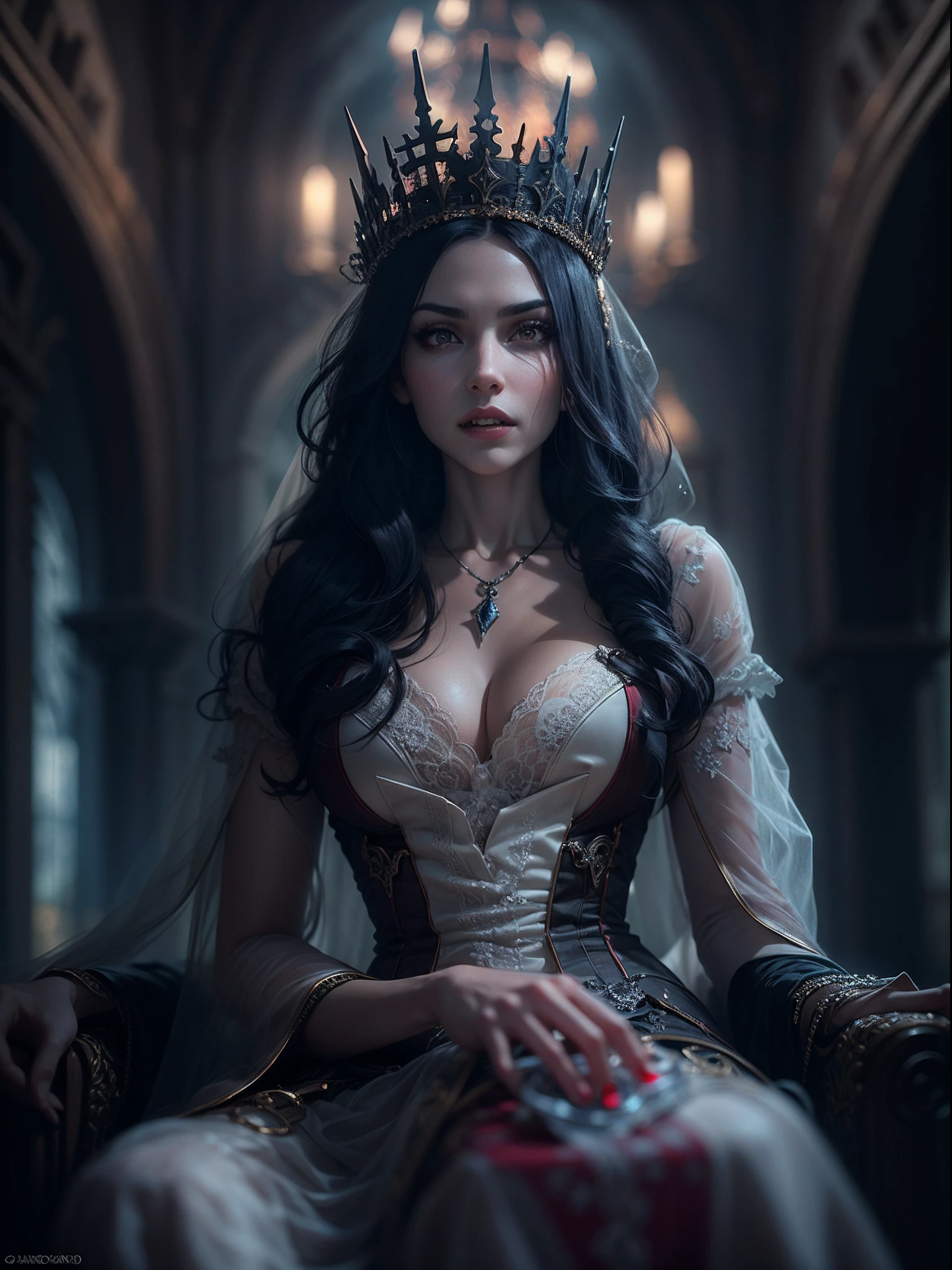 (Masterpiece, Gothic fantasy depiction:1.3), (Charming image of a vampire with sharp fangs, Long black hair, and sexy body:1.2), (Designed to embody dark and supernatural charm:1.2), (Canon EOS 6D camera, Selected for its ability to accurately capture dimly lit scenes:1.2), (With Canon EF 50mm f/1.8 STM lenses，Used to focus on detail in low light:1.2), (The pale skin forms an otherworldly contrast with the darkness:1.1), (Sharp fangs hint at her predatory nature:1.1), (Layers of black hair set off her face，exuding a mysterious atmosphere:1.1), (Wearing a fitted gothic outfit white vintage wedding dress，Show off her charm:1.1), (Sitting majestically on a medieval throne in the dimly lit rooms of the castle:1.1), (The intricate details of the castle architecture hint at its age and grandeur:1.1), (Scarce lighting creates an unforgettable atmosphere:1.1), (Her crimson eyes sparkled in the shadows, Capture the essence of her supernatural existence:1.1), (The camera's sensor captures the nuances of light and shadow:1.1), (The camera focuses on her mysterious expression and stern gaze:1.1), (Depict the mysterious beauty of the Vampire Queen:1.1), (Instantly frozen in time, Capture the essence of dark fantasy:1.1), (A photograph transports the viewer into the realm of Gothic charm and mythological intrigue:1.1)), Cinematic, Hyper-detailed, insanely details, beautifully color-graded, illusory engine, degrees of freedom, Hyper-Resolution, megapixel, Cinematic lightning, Anti-aliasing, FKAA, TXAA, RTX, SSAO, post-proces, postproduction, Tone-mapping, ........CGI, vfx, SFX, insanely detailed and intricate, hyper-maximalist, Ultra photo realsisim, volumetr, Photorealistic, The ultra-realistice, Ultra-detailed, Intricate details, Super detailed, Full color, Volumetric lightning, hdr, Realistic, illusory engine, 16k, Sharp focus, rendering by octane
