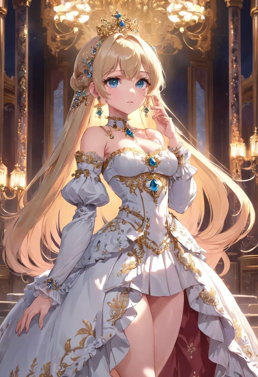 ((anime art style)),(Masterpiece),(Best quality),(Super detail),(Very delicate and beautiful),Solo,((full bodyesbian,stand posture)),Standing in the royal palace,((1 queen in a jeweled rococo dress，Wear it with a voluminous full-length hoop skirt)),(crinoline),Gorgeous embroidery,((Gorgeous gemstone jewelry)),Detailed face and eyes,Jewel-like eyes,((Plenty of straight hair,Extremely long fluffy hair)),((huge tit,Long milk,skin indentation)),Gorgeous embroidery,cleavage,Extremely gorgeous hair accessories,(Extremely gorgeous gemstone tiara with sparkling gold),Gorgeous corsage,(Dynamic Angle),view the viewer,((full bodyesbian))