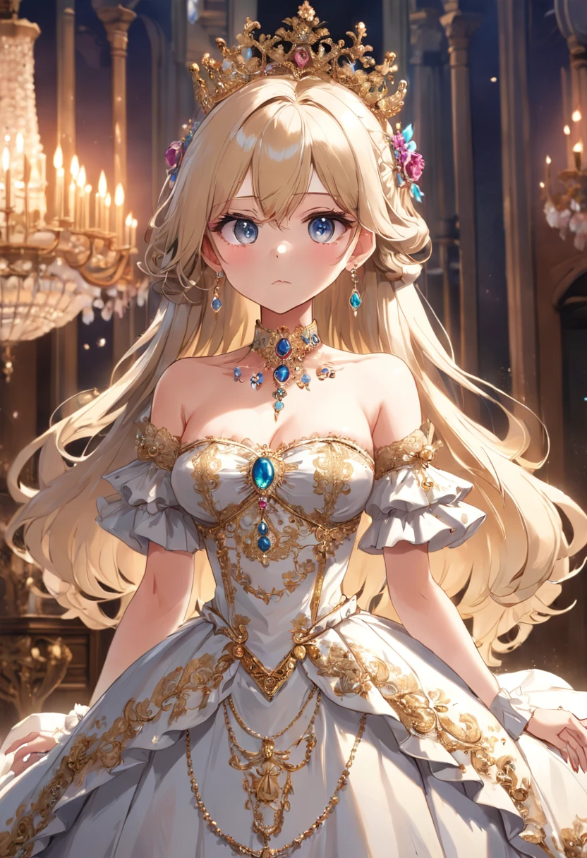 ((anime artstyle)),(Masterpiece),(Best Quality), (Super Detail),((Very Delicate and Beautiful)),Focus on character,Dynamic Angle,Looking at viewer,((Solo)),standing,((full body)),((one princess in gorgeous ball gown wedding dress with voluminous skirt)),((June bride)),detailed face and eyes,jewel-like eyes,((Very Long voluminous Hair)),gorgeous embroidery and lace,((gorgeous corsage)),See-through,(Gorgeous jewelry ornaments),luxury hair ornament,luxury tiara with jewels,ornate ruffles,((gigantic breasts,Long breasts)),indoor,church wedding,((full body)),hoop skirt,crinoline,very long wedding veil,(((fusion of jeweled wedding dress and gorgeous embroidery rococo ballgown)))