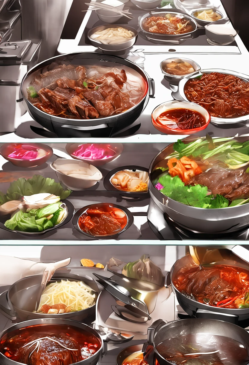 There is a metal bowl，There was stew and some vegetables inside, sichuan, in style of pan ren wei, very tasty, wet shredded red meat, delicacy, Verdure, closeup at the food, beef, daopao, Sauce, qiangshu, tang mo, stew, zun, Chinese, Ready to eat, in style of ruan jia, hua cheng