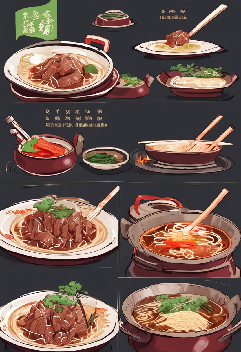 There is a metal bowl,There was stew and some vegetables inside, sichuan, in style of pan ren wei, very tasty, wet shredded red meat, delicacy, Verdure, closeup at the food, beef, daopao, Sauce, qiangshu, tang mo, stew, zun, Chinese, Ready to eat, in style of ruan jia, hua cheng
