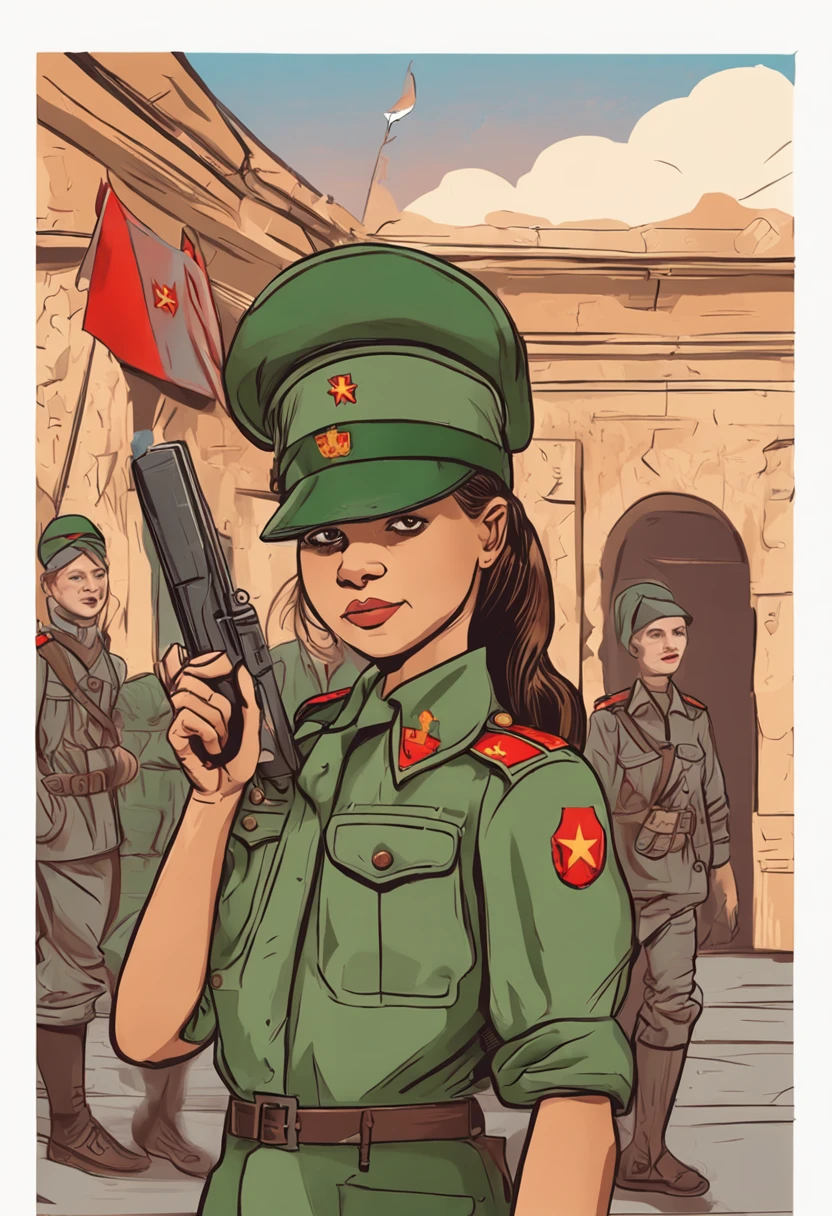 A beautiful -yeld Sot female soldier,With a green military cap,Oblique side 45%,White race,dignified,The upper part of the body,showing armpit、(full body seen:1.3),Soviet flag and Kremlin in the background