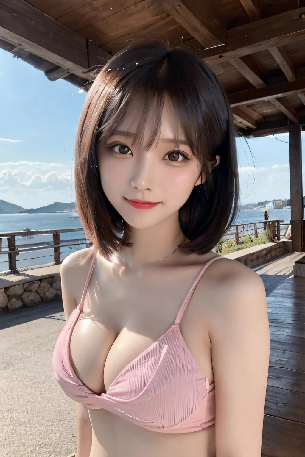 Yumi Hiromi, Photos of Japan sexy swimsuits, Japan amateur, Amateur big, Nude photos of Japan, Bikini pictures on the beach, 1girl in, 独奏, (shor cut hair:1.4), breastsout, with arms up, A smile, cleavage of the breast, Blue-eyed, (perfect glossy shiny skins:1.3), (1girl in), 独奏, (8K, Raw photography, top-quality, ​masterpiece:1.2), (Photorealsitic:1.37), (Exquisitely detailed), Ultras_Color, (realisitic), hightquality, ultra-detailliert, (real looking skin), (intricate-detail), (Dramatic_light), (Beautiful_Detailed_light), lensflare, Ultras_Color, (Shining_Particle), (Bright_Dust_Particle), Professonal lighting, photon maping, hight resolution, ighly detailed, lighting like a movie, (beautiful tbig eyes)、Green_Eyes, cute  face, Blush face, Light smile, High Nose Bridge, [:(详细的脸:1.2):0.2]、shinny eyes、(pureerosface_v1:0.2), (ulzzang-6500:0.8)、(a 18 years old beautiful Japanese woman)、(A perfectly proportioned face)、(lofty nose)、Beautiful composition、(slim)、darkskinned、(Cute_Belly:1.2)、(cleavage of the breast:1.5)、nice hand、perfect hand、((Zonge Cover、grabbing on breasts、landscapes、boulders、countryside)))、(huge-breasted:1.2)、looking at the viewers、Dynamic Poses、Neon light、Luminous particles、steaming body、(shinny skin)、(A smile:1.1)、red blush, (Best Quality, 8K, 32K:1.2),