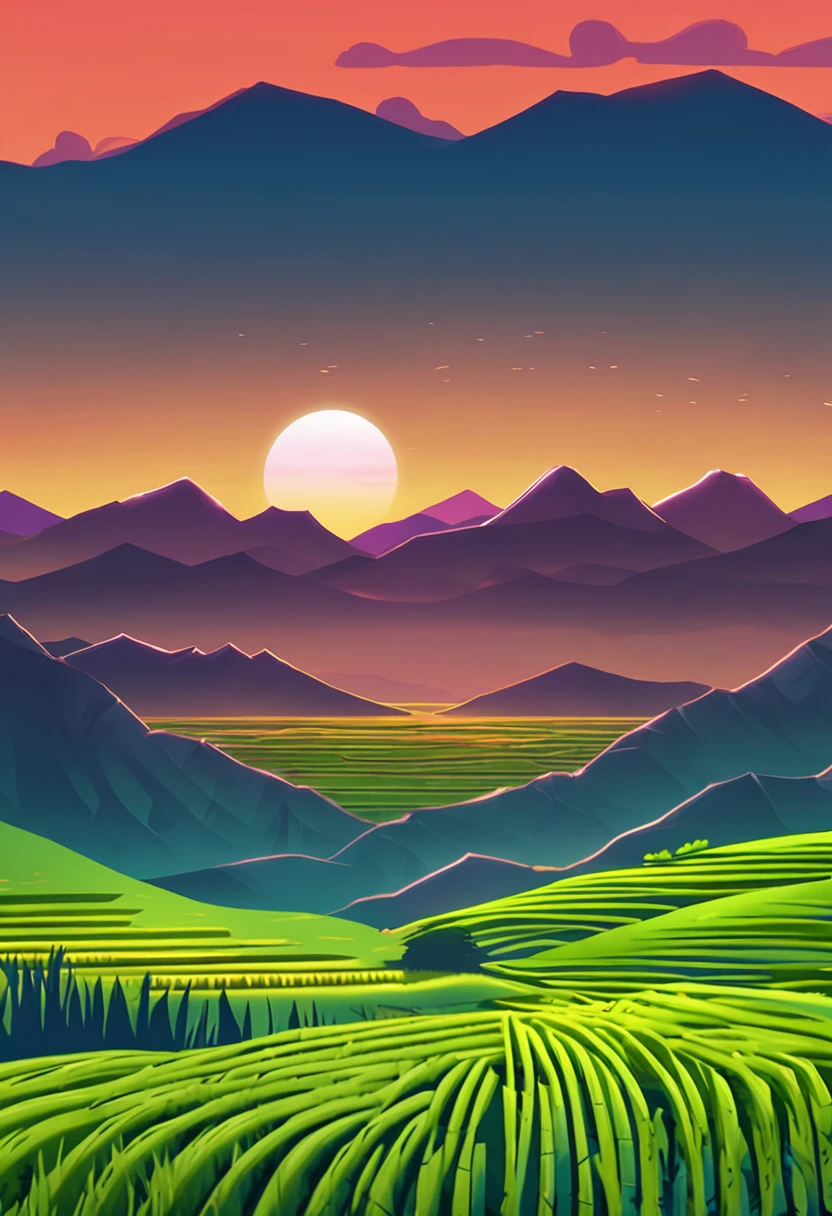 Green rice fields with mountain background, Sunset, Colorful, Matte painting, Digital illustration, Very bright colors, Soft lighting, Adventurous, Atmospheric lighting, 8K rendering. , Digital rice field with mountain background, Sunset, A village below, casa, pylons