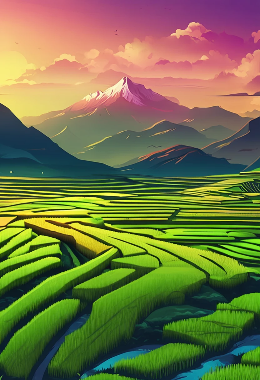 Green rice fields with mountain background, Sunset, Colorful, Matte painting, Digital illustration, Very bright colors, Soft lighting, Adventurous, Atmospheric lighting, 8K rendering. , Digital rice field with mountain background, Sunset, A village below, casa, pylons