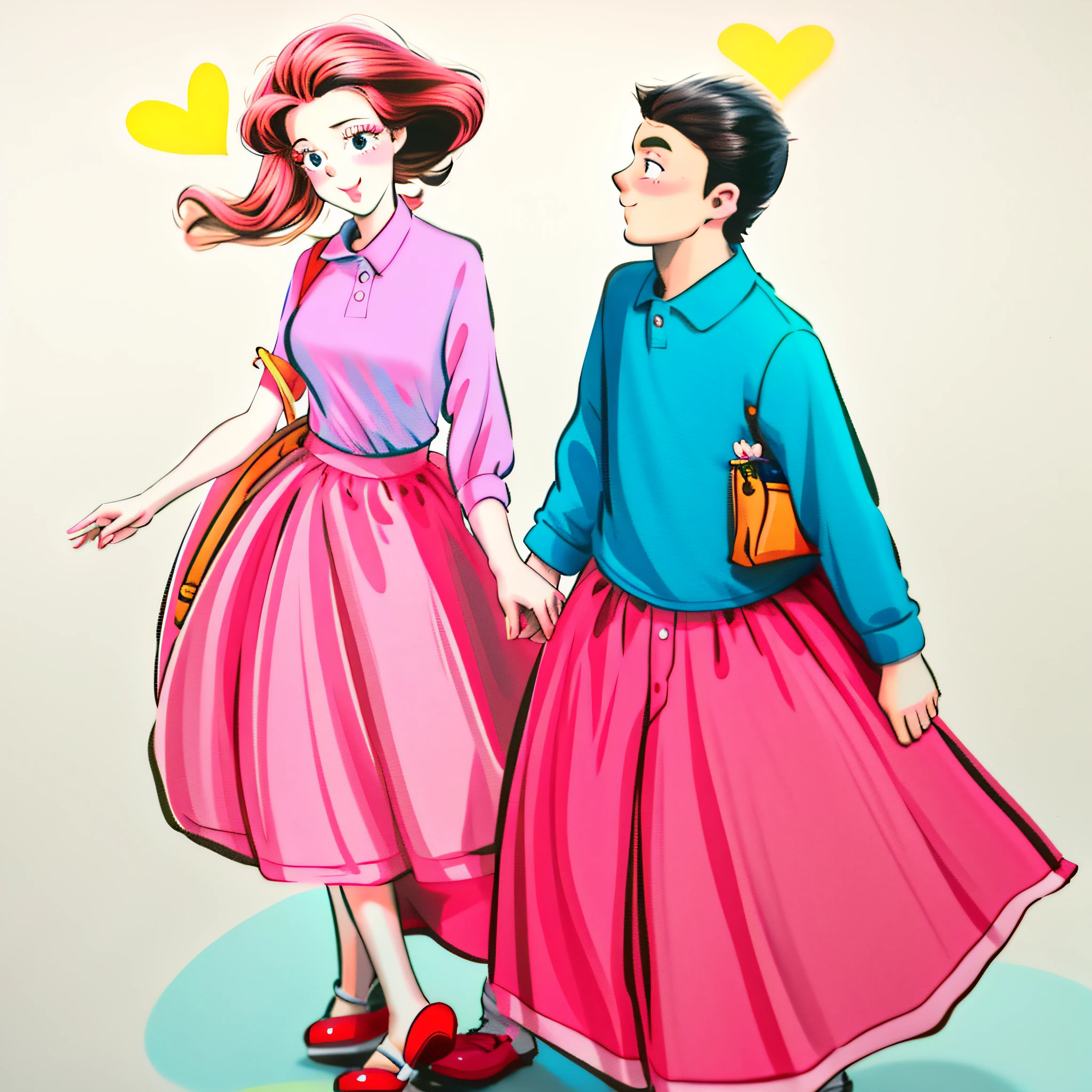 A caricature of a man and woman holding hands, couple,cute couple, romantic couple, Cartoon style illustration, man and woman in love, Happy couple, cartoonish style, couple walking hand in hand, Cartoon Cute, take hand, Holding hands, Simple cartoon style, In love, 2 people, couple pose, Cute cartoon style, hand drawn cartoon