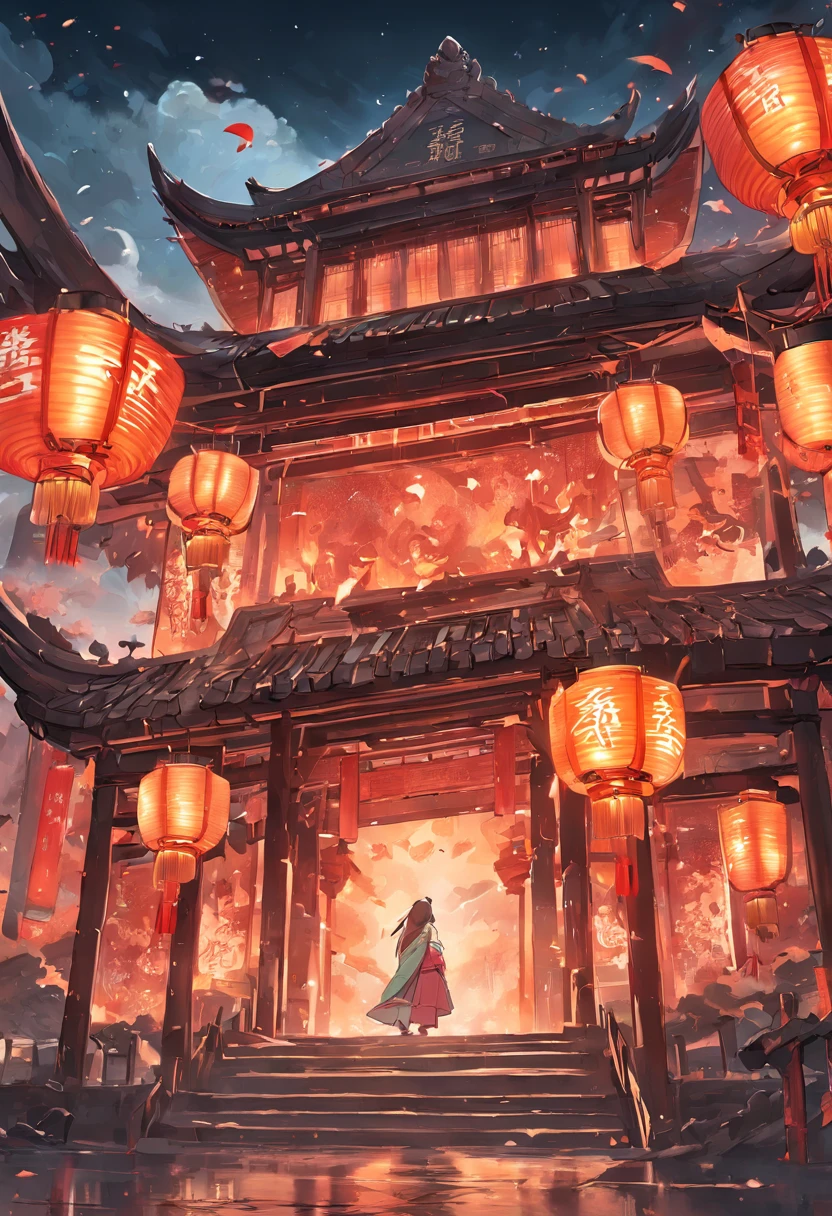 Ultra-realistic details of Kong Ming lanterns,Kongming Lantern,Bamboo lanterns,the night,themoon,game scenes,Ancient Chinese palaces are located above the clouds,surrounded by cloud,Homem-Imponente,glazed tiles,BUDDHA STATUE,gorgeous color,In the foreground are three arches((Color ink)),( (Splash ink ) ), ((Splash ink) ink})), tmasterpiece,high qulity,Beautiful graphics,high detal