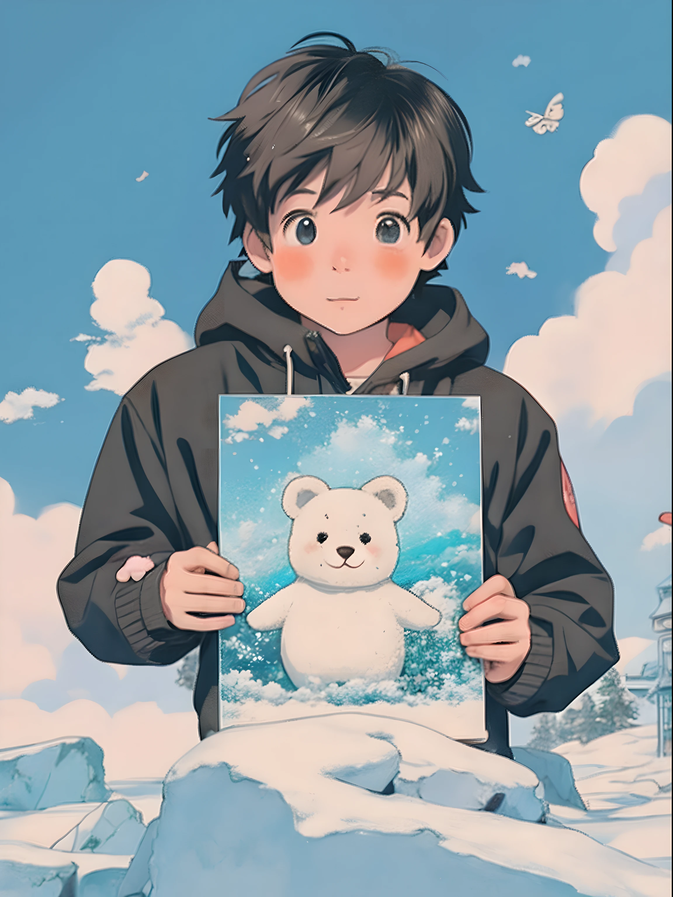 Anime boy with stuffed doll bear,polar region,Thick snow,ice cubes,lovely art style,Loepfe Art Style,Cute detailed digital art,animeaesthetic,Cute anime,High quality anime art style,Anime boys,Anime art style,Lovely detailed artwork,Soft anime illustration,lofi-girl,lofi aesthetics,Lofi art,lo fi,cute artwork,High-quality doujin art,illustrated anime
