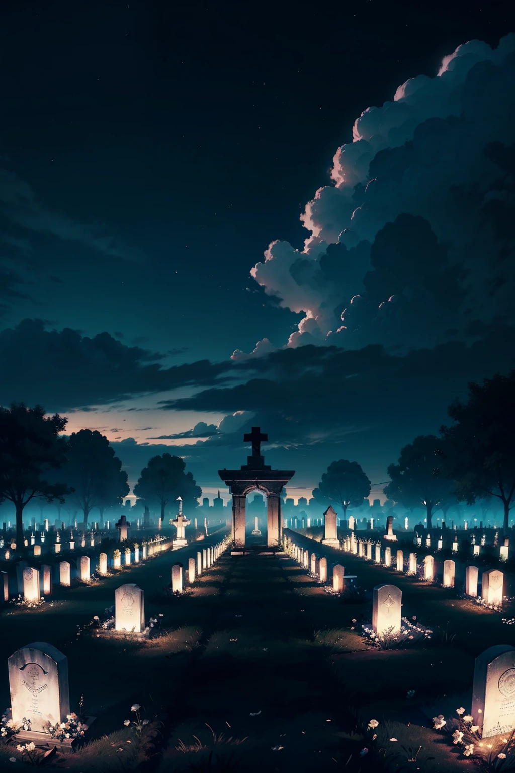 cemetery, full of coffins, night, cloud time, blue souls in the air, gothic, shadows, morbid atmosphere, 4k, white flowers on cemetery