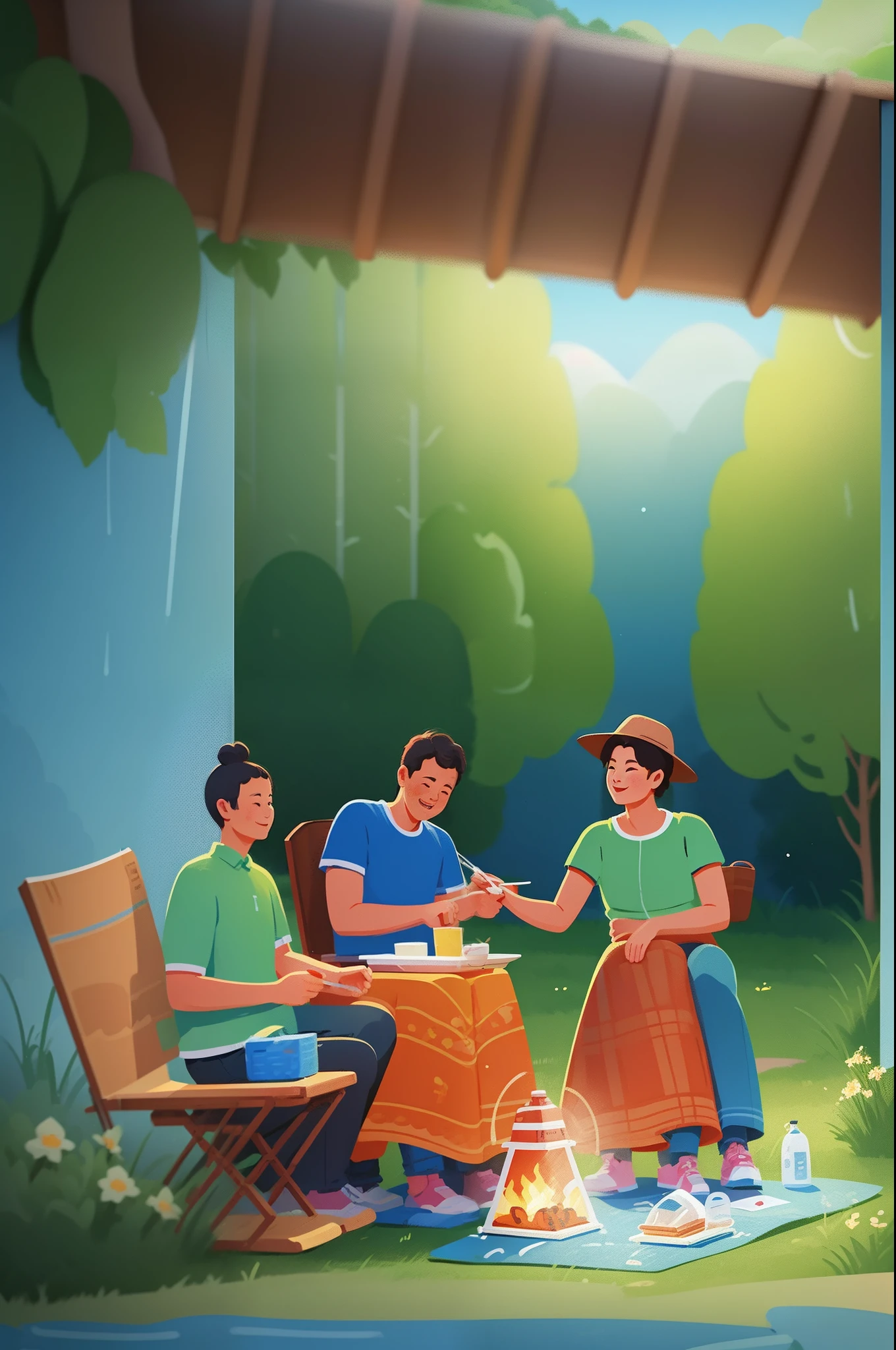 There is a poster，Above is a family picnic in the fields, Chiba Yuda, camping，tenten，Middle Metaverse, trending on cgstation, exciting illustration, author：Qu Leilei, poster for, 🚿🗝📝, Poster illustration, by Ni Yuanlu, illustration], author：Cheng Jiasui