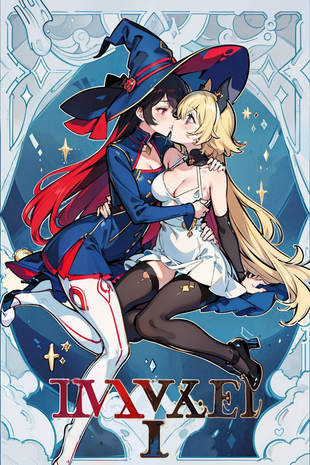 matching hairstyle,Match poses,sexyposture,High split end,high-waist,Bright colors,Magic background,water background,the sky background,2girls,2 witches,Witch hat,Stocking tights,Jumpsuits,Intimate dress,Wrap tightly,Sexy bra,Pantyhose wrapped around the hips,Sexy,Wrap your entire body in clothes,Not exposed,mistic,abstact,Lady,Smiling,inquisitive,Ultimate leg beauty,Sexy girl pose,lesbian,French kiss,Wet kiss,face to face,hugs,cuddle,Close contacts,Snugly fit together,Side Body,Kiss,tongue kissing,Lovers,stroking each other,desire big breasts,squelch,Body overlap,squishing,Squeeze the chest,Squeeze each other's chests,Love,Love each other,sitting on the stone,garter,leg loops,Sexy bra,Pantyhose wrapped around the hips,Open at the underwear,clear clothing,Fully transparent,titmouse,camel-toe,body curve,stooped,mistic,Stocking tights,Jumpsuits,((((dramatics))),A movie poster with a young woman as the central character。Witch hat,schoolgirl,She stands confidently in the center of the poster,Wear fashion-forward attire。The background is dark and tough,There is a sense of danger and intensity, and the color palette is predominantly dark,With bright colors,giving the poster a dynamic and visually striking appearance,tachi-e (Magazines:1.3),(Cover style:1.3),Fashionab,woman,with dynamism,garments,posing on a,frontage,rich colourful,dyna,Background with,element in,self-assured,Expressing the,halter,statement,Accessories,A majestic,coil,Runt,Touching pubic area,Scenes,Cover of a,Bold,attention-grabbing,Fashionab,Catchy,titles,more big,attention-grabbing, modern day, Fashionab, focal, Fashionab,There is no title,There is no text